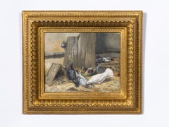 Belgian 1882 Marie Van Den Eycken Oil on Board Painting of Pigeons in a Stall
