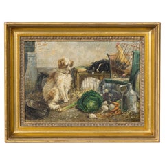 English Circa 1900 Oil on Board Kitchen Scene with Dogs and Chickens