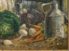English Circa 1900 Oil on Board Kitchen Scene with Dogs and Chickens