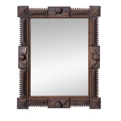 French Tramp Art Carved Wood Mirror with Applied Floral Motifs, Circa 1900