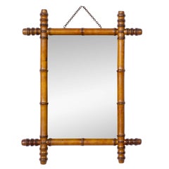 French Circa 1900 Faux Bamboo Turned Wood Wall Mirror with Aged Plate