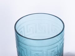 Pair of English Midcentury Blue Glass Vases with Greek Key Etching