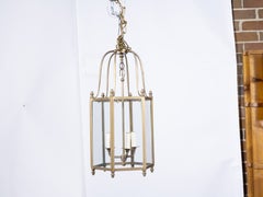 Pair of English Midcentury Brass and Glass Hexagonal Three-Light Hall Lanterns