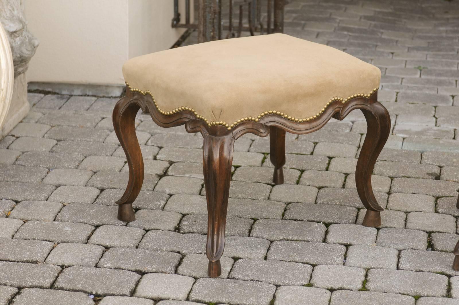 Pair of Italian 19th Century Rococo Style Walnut Stools with Suede Upholstery 6