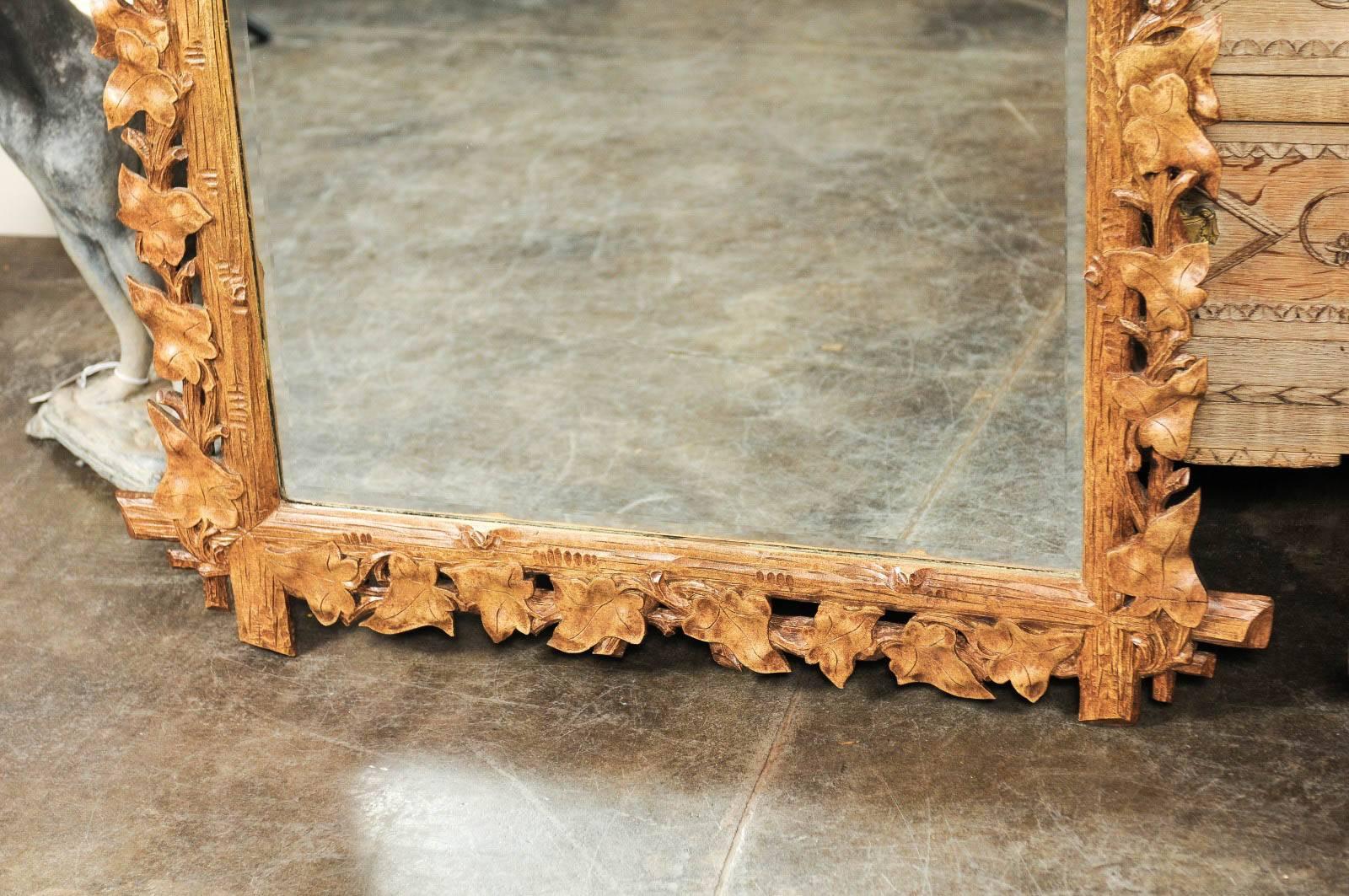 Wood French Mid-20th Century Black Forest Faux-Bois Mirror with Leaf Motifs For Sale