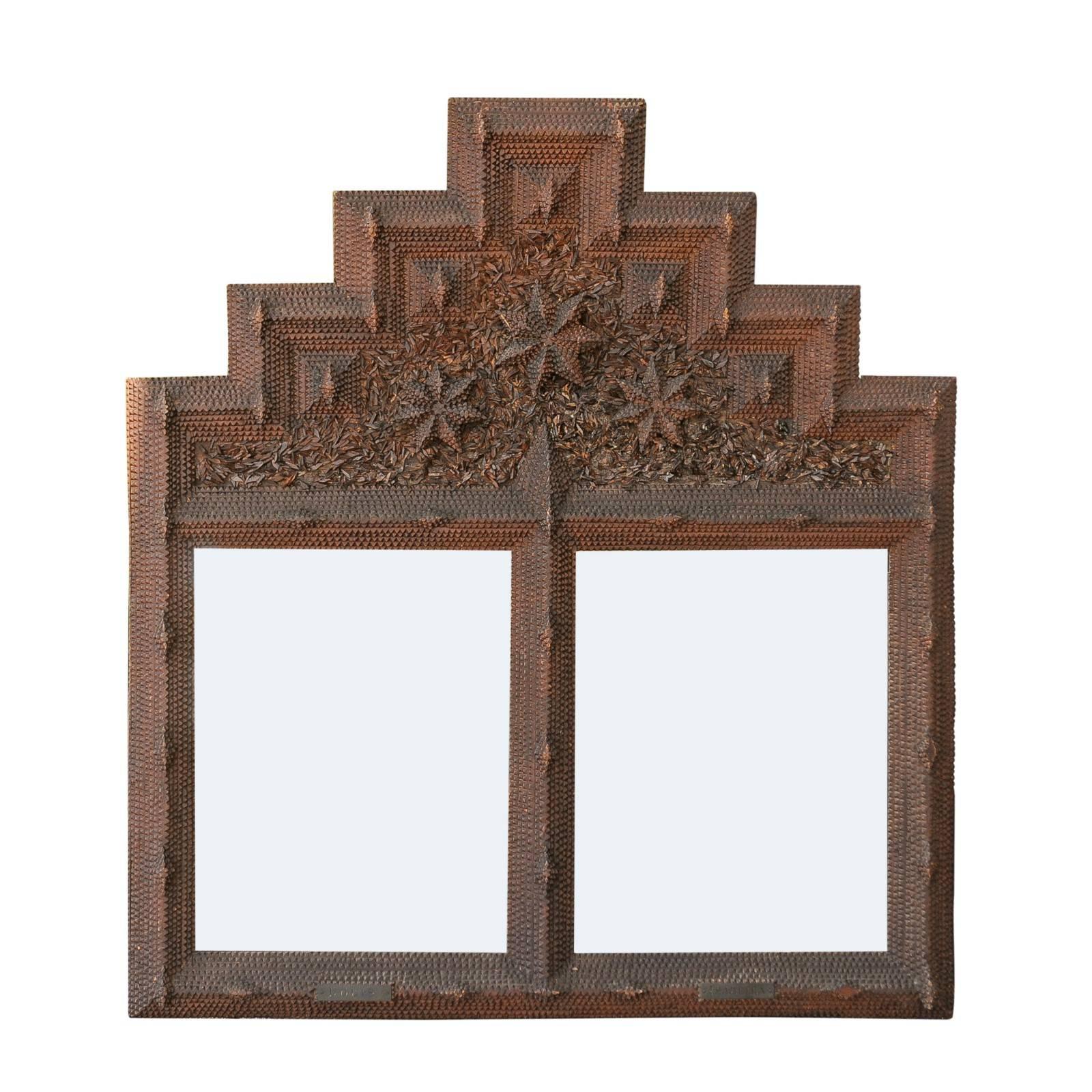 French Tramp Art Mirror with Stepped Pyramidal Crest and Star Motifs, circa 1900