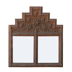 Antique French Tramp Art Mirror with Stepped Pyramidal Crest and Star Motifs, circa 1900