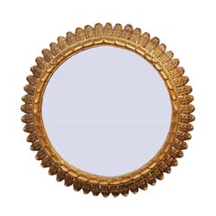 French Round Giltwood Mirror with Carved Waterleaves and Clear Glass, circa 1950