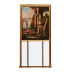 French 1870s Gilded Trumeau Mirror with Painted Scene Inspired by Hubert Robert