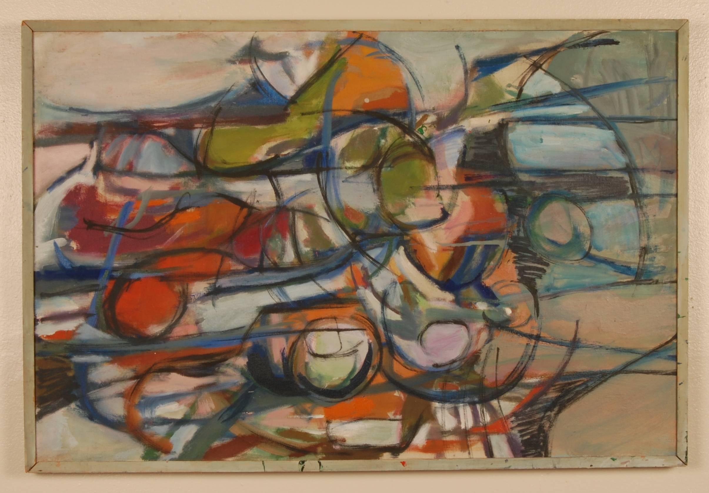 Oil on canvas oil painting by Bay Area artist Irene Needle Halpern (1929 - ). Abstract forms with the colors of burnt orange, deep red, green, grey and hues of blue oil paint. The grey colored frame is by the hand of the artist which was a common
