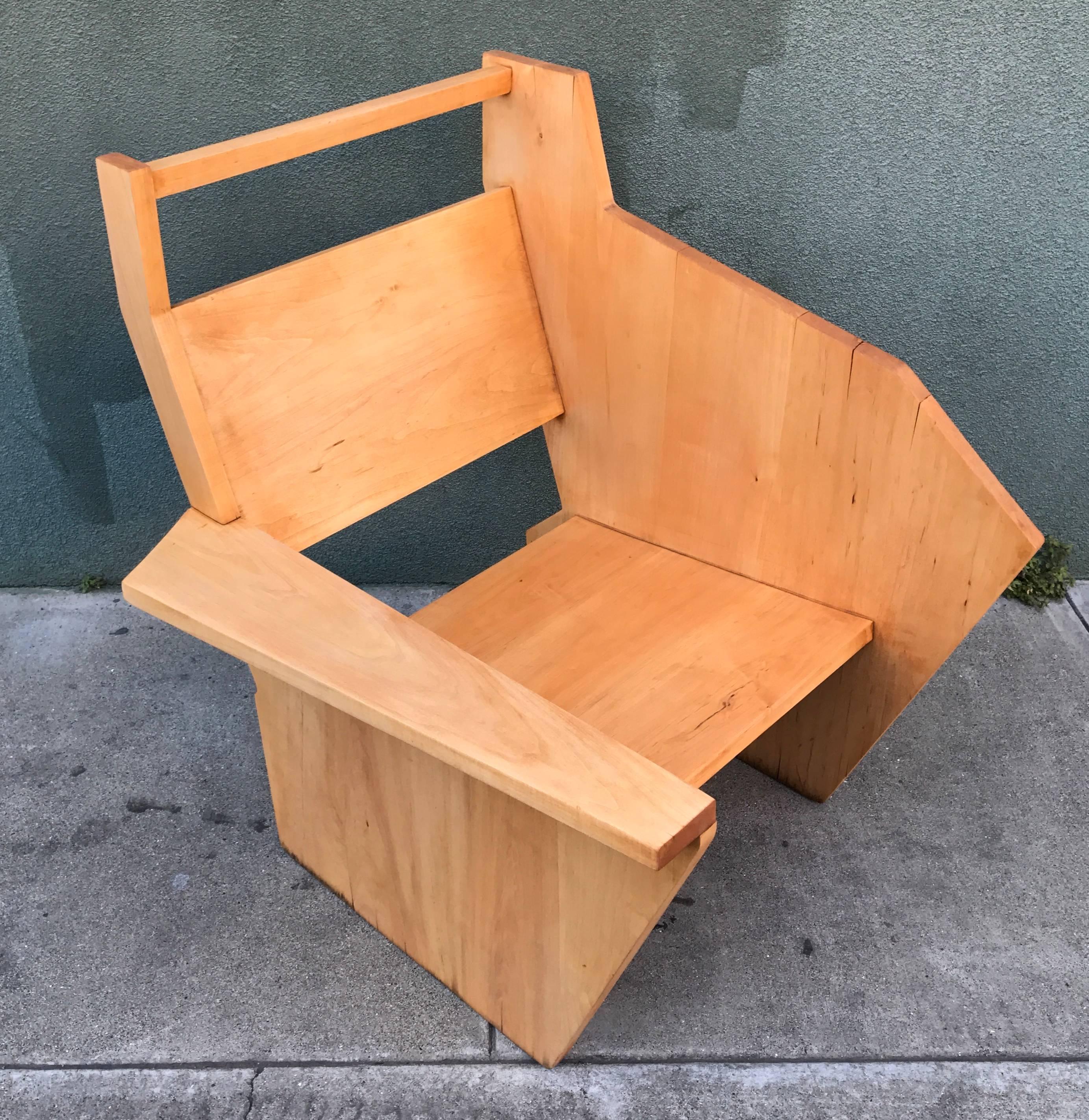 Taking its design clues from the Bauhaus school of design is this one off Constructivist Design armchair created out of solid maple. A light restoration was done to the finish, the chair shows character wear along the bottom and at the top edge of