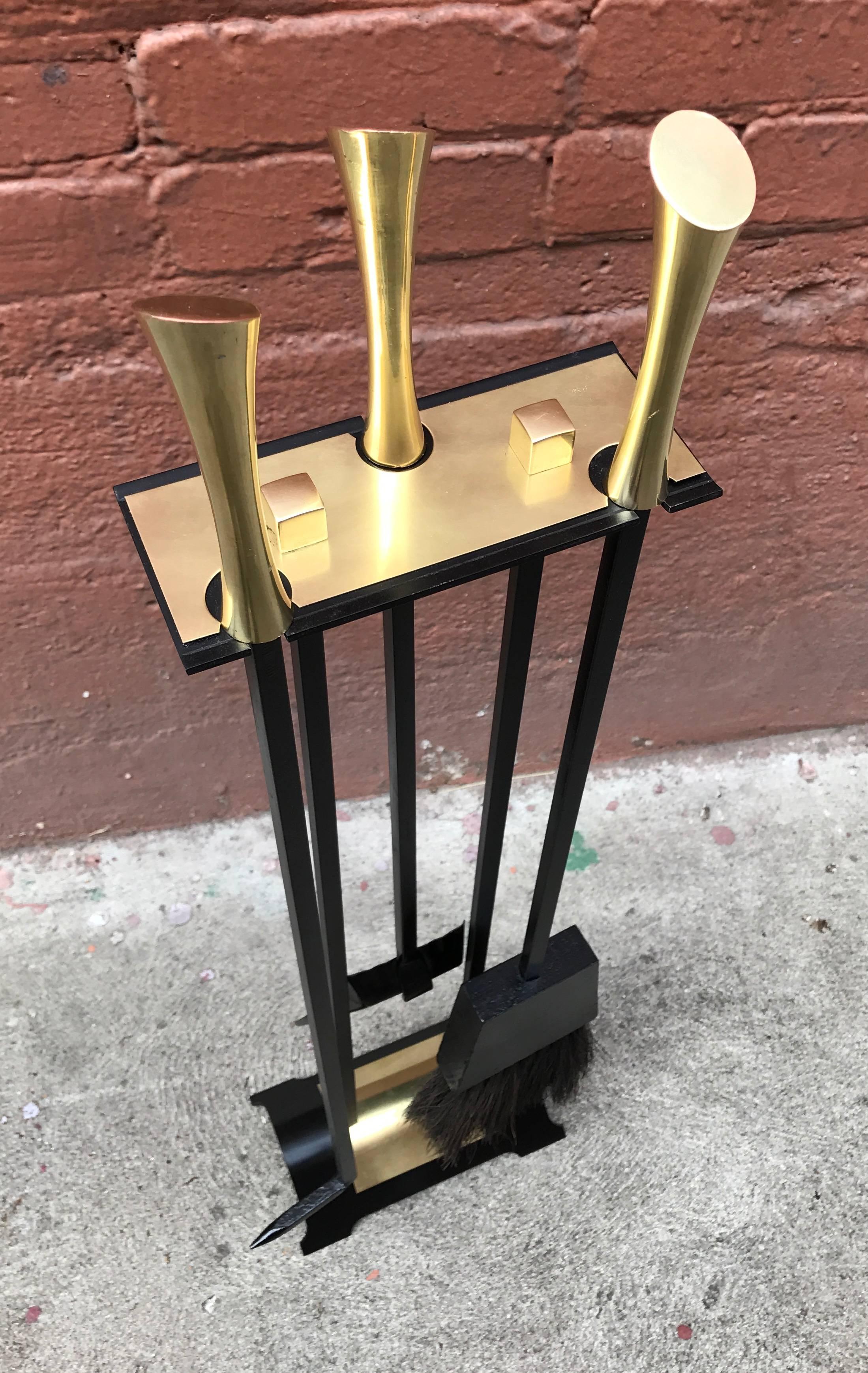 Mid-Century Modern 1950s Iron Modernist Fireplace Tools with Brass Accents
