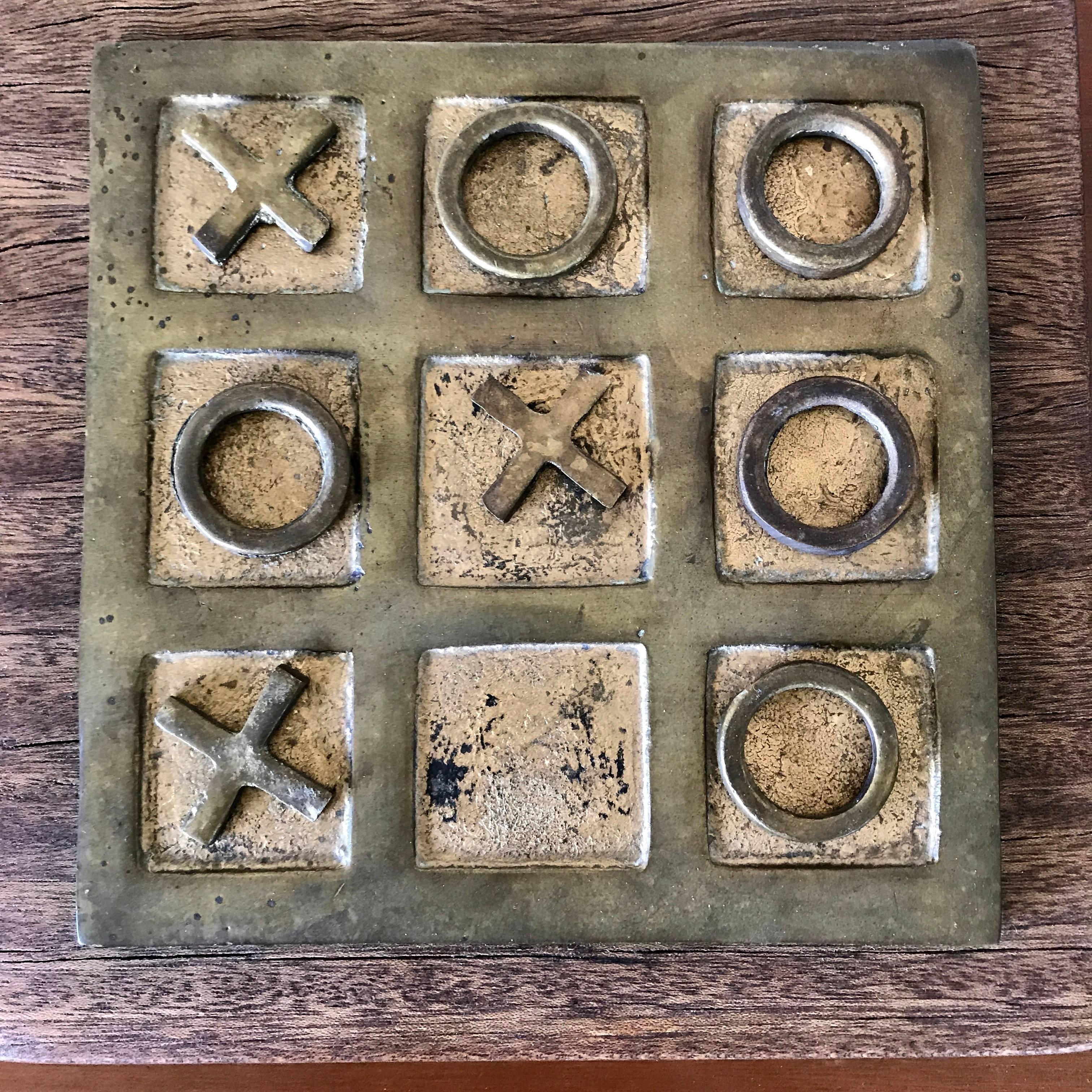 Cast Handmade Brass and Wood Tic Tac Toe Game