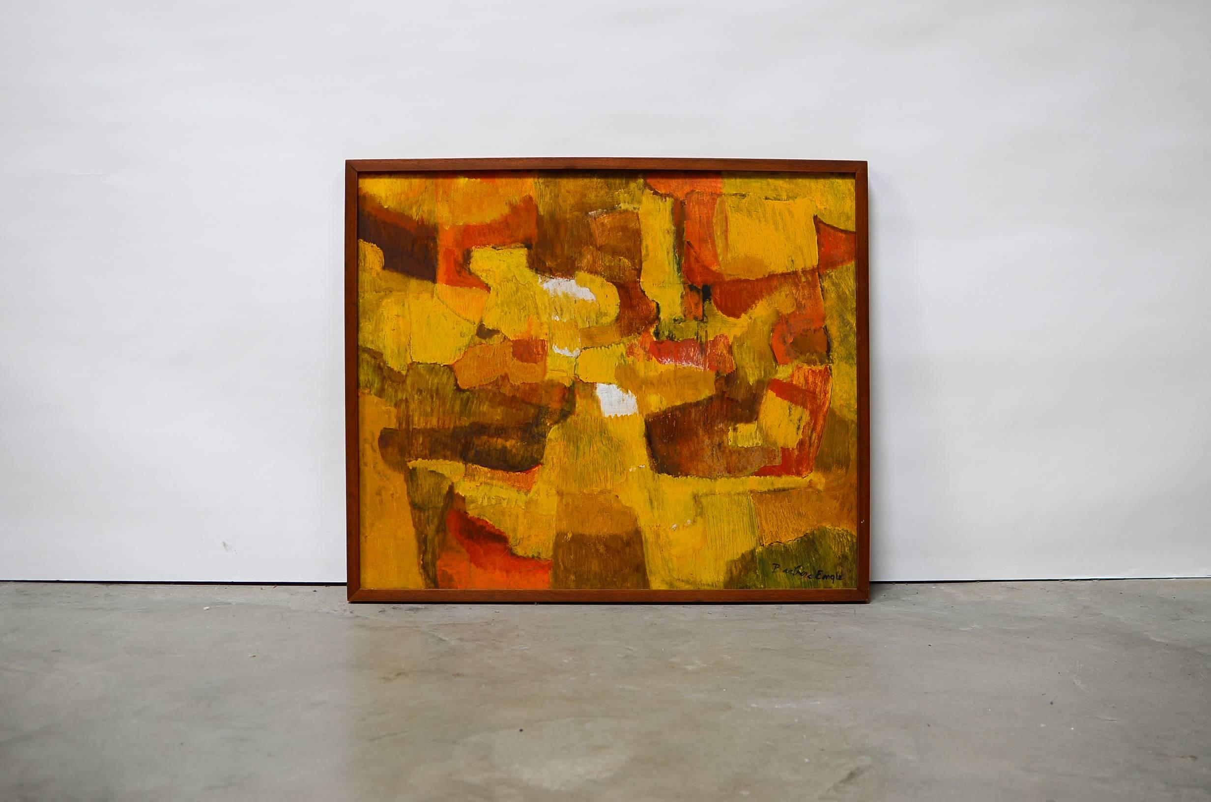 Framed oil on board, beautiful abstract in warm tones, by Barbara Engle (American, 20th century). 

An active member in the Hawaii arts community for over 40 years, Barbara Engle served as President of the Hawaii Artist's League, helped to found