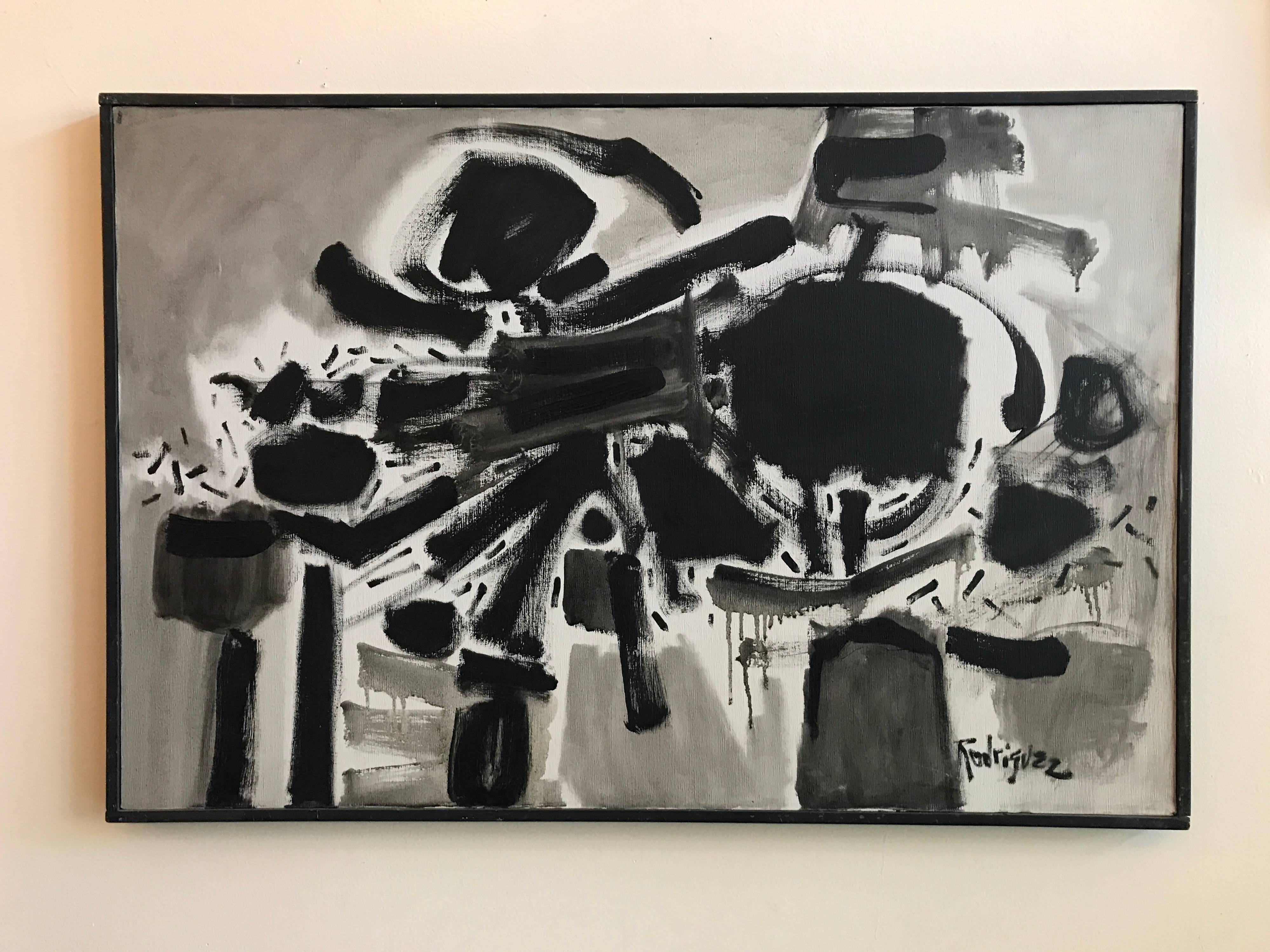 Abstract oil on canvas by Bay Area artist Peter Rodriguez (1926-2016) called Dia Negro painted in 1960, consisting of expressive abstract forms in black, grey and white. Rodriguez founded the San Francisco Mexican Museum in 1975 which has become the