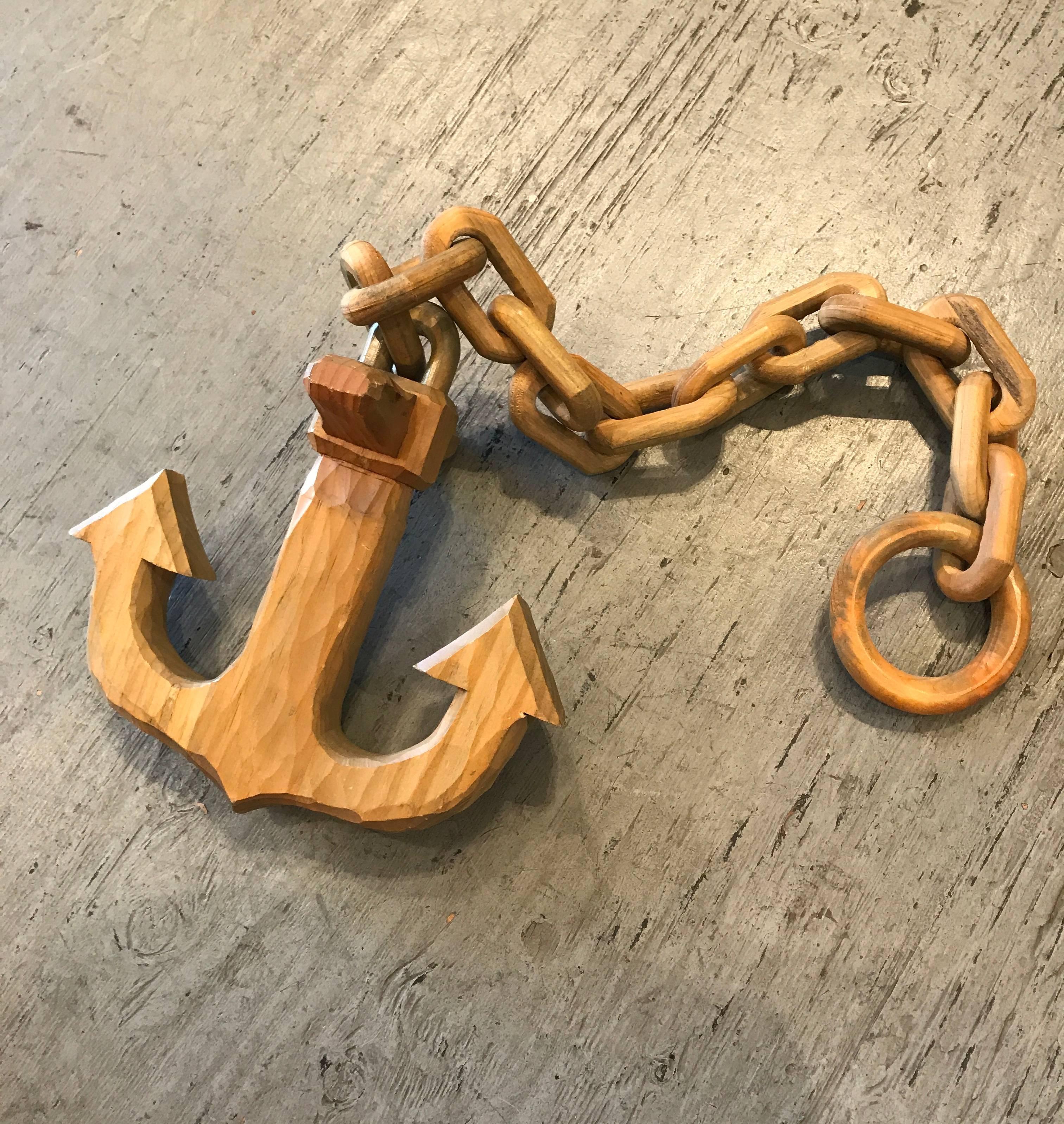 Nautical Folk Art Hand-Carved Wooden Boat Anchor and Chain In Good Condition For Sale In San Francisco, CA