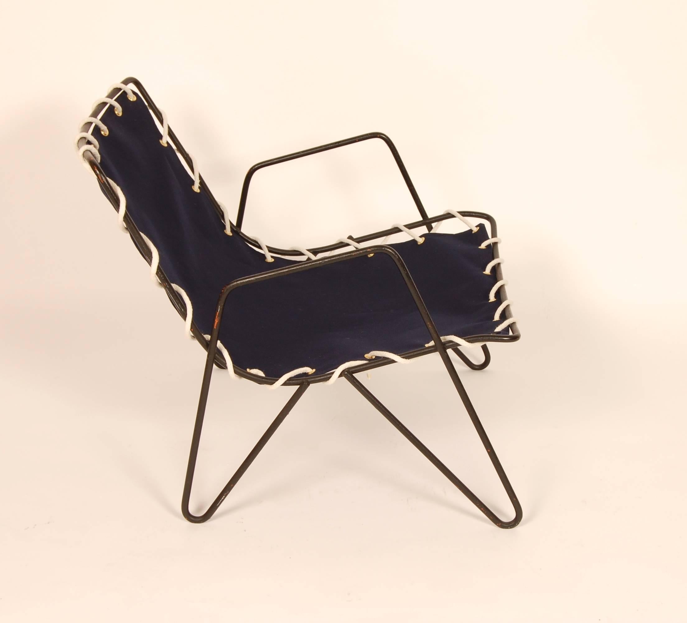 Mid-Century Modern Modernist Iron and Blue Canvas Patio Lounge Chair, 1950s