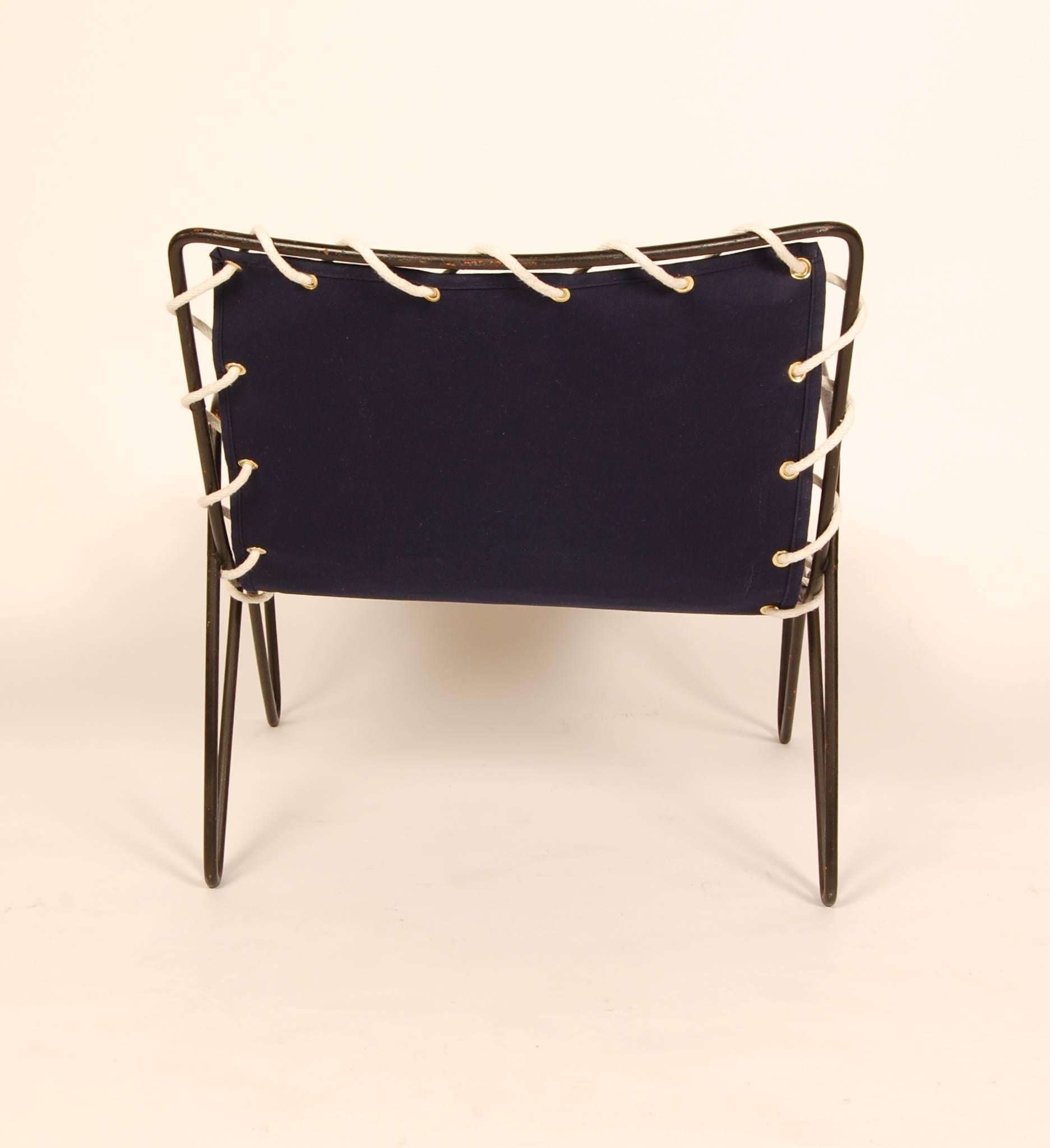 Other Modernist Iron and Blue Canvas Patio Lounge Chair, 1950s