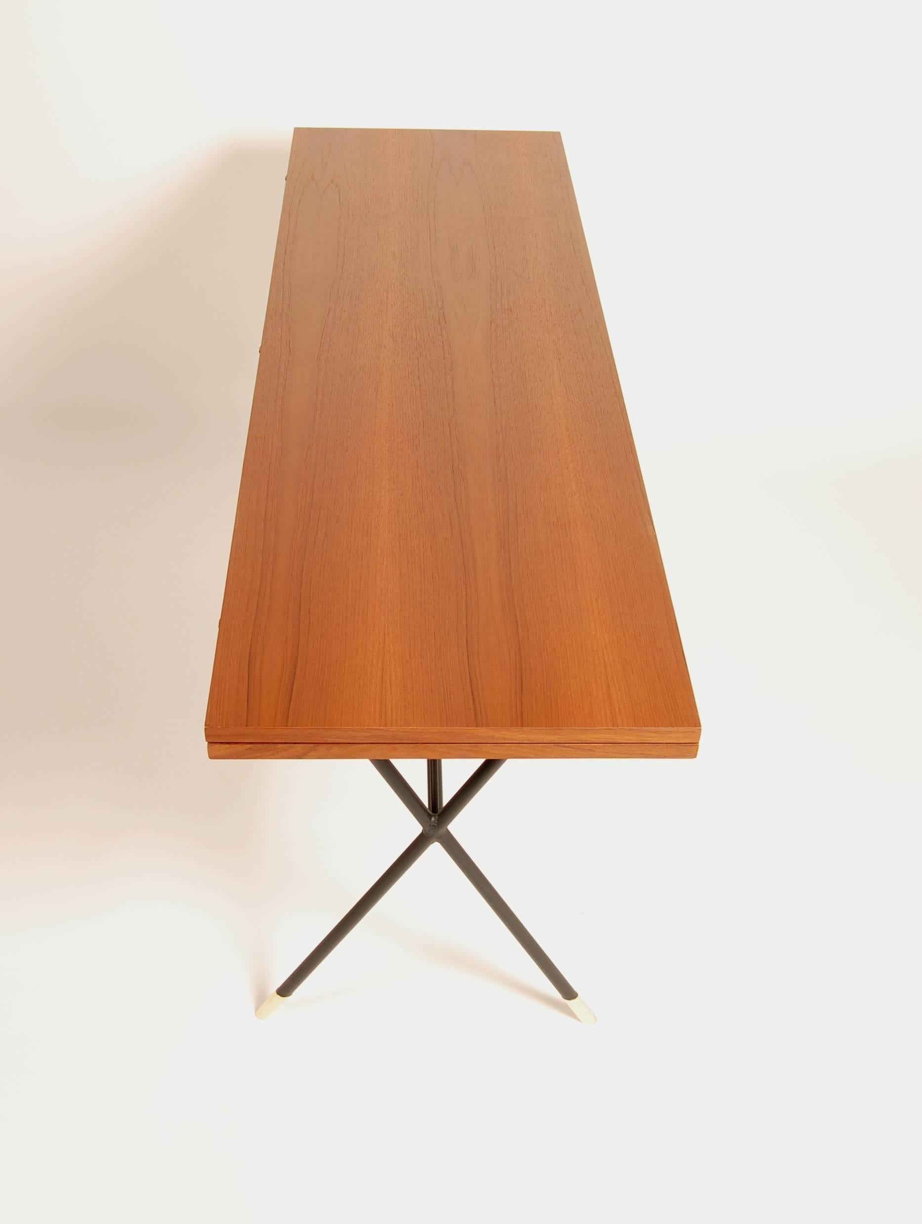 Mid-Century Modern X-Base Iron and Teak Flip Top Console/Dining Table