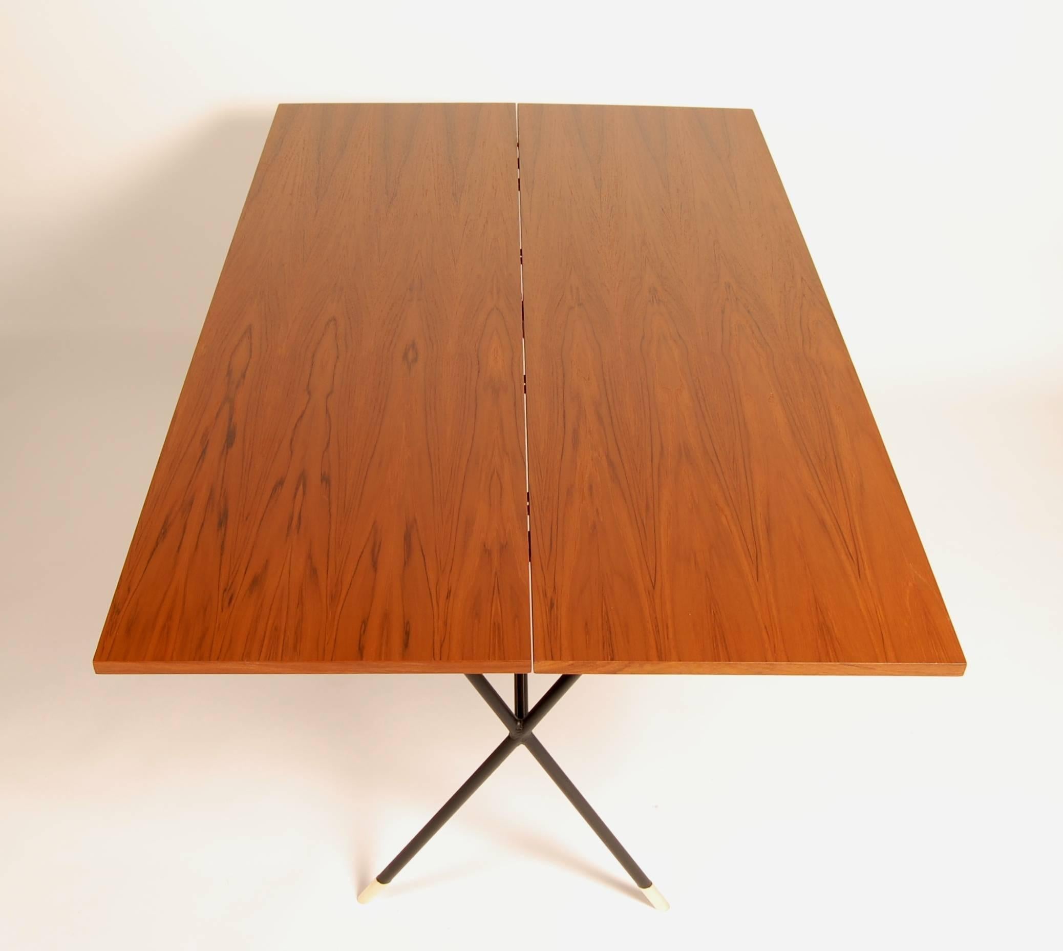 Lacquered X-Base Iron and Teak Flip Top Console/Dining Table