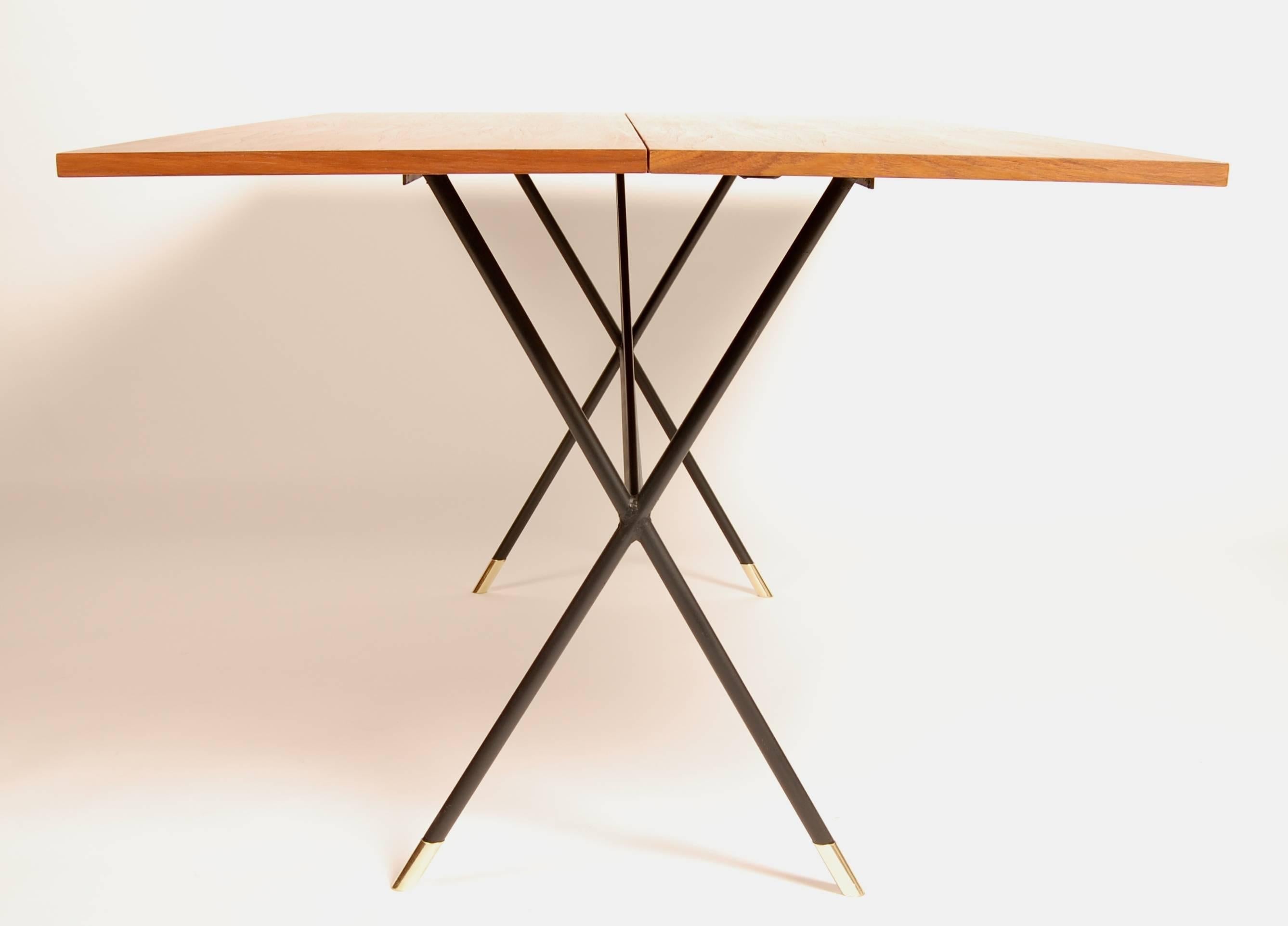 Brass X-Base Iron and Teak Flip Top Console/Dining Table