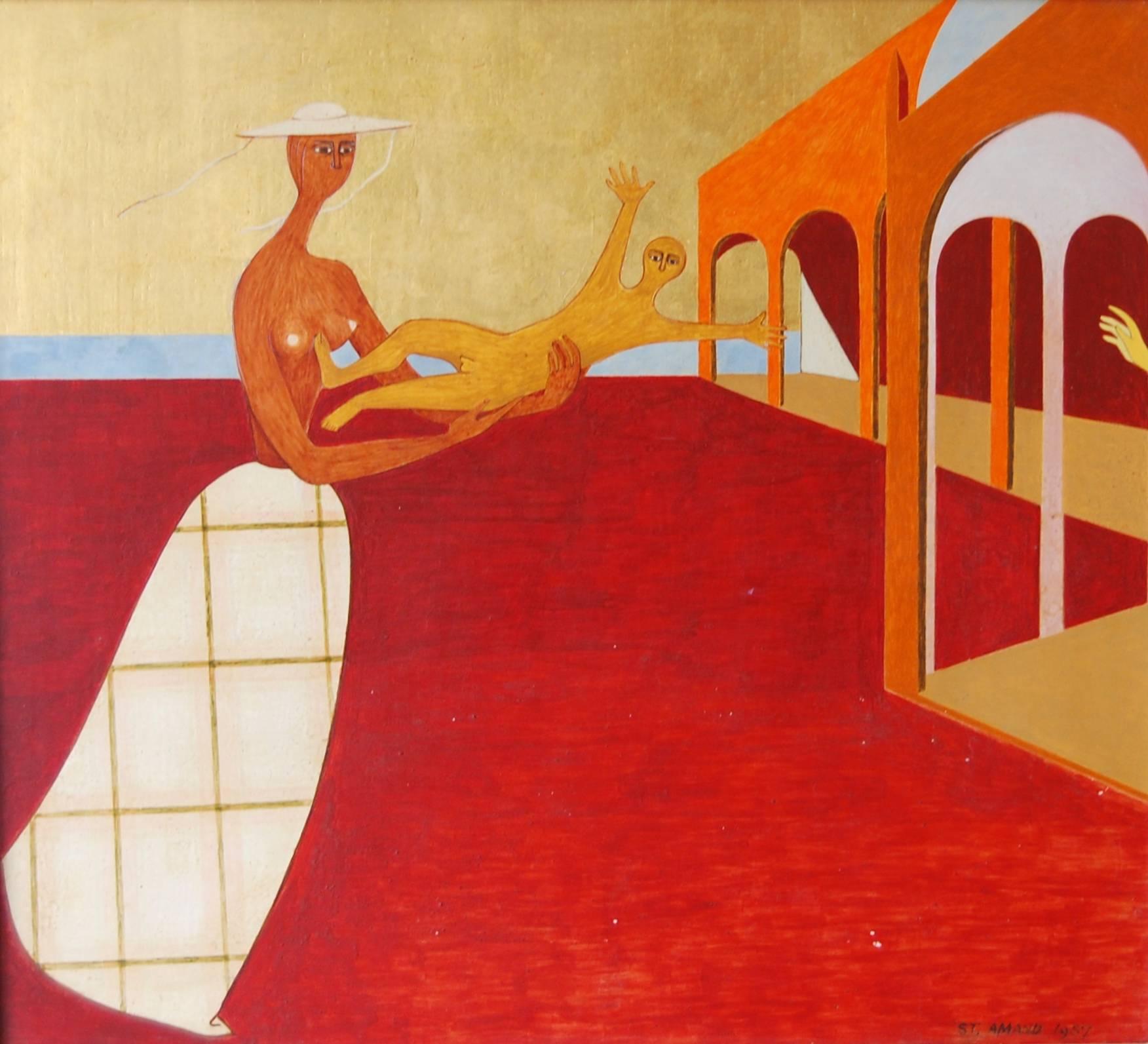 Oil on board surrealist painting by American artist Joseph St. Amand, circa 1957. Beautiful tones to the painting with fine and precise details in depicting the subject matter, the gold background has a metallic quality to it which adds a great