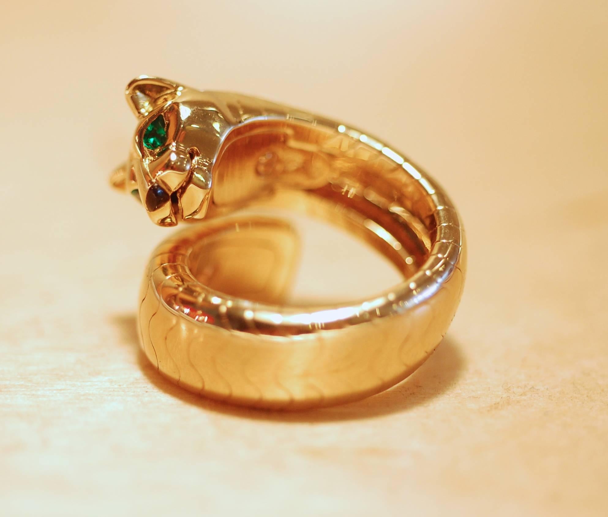 18-karat yellow gold, emerald and Onyx Panther ring by Cartier. Part of the 