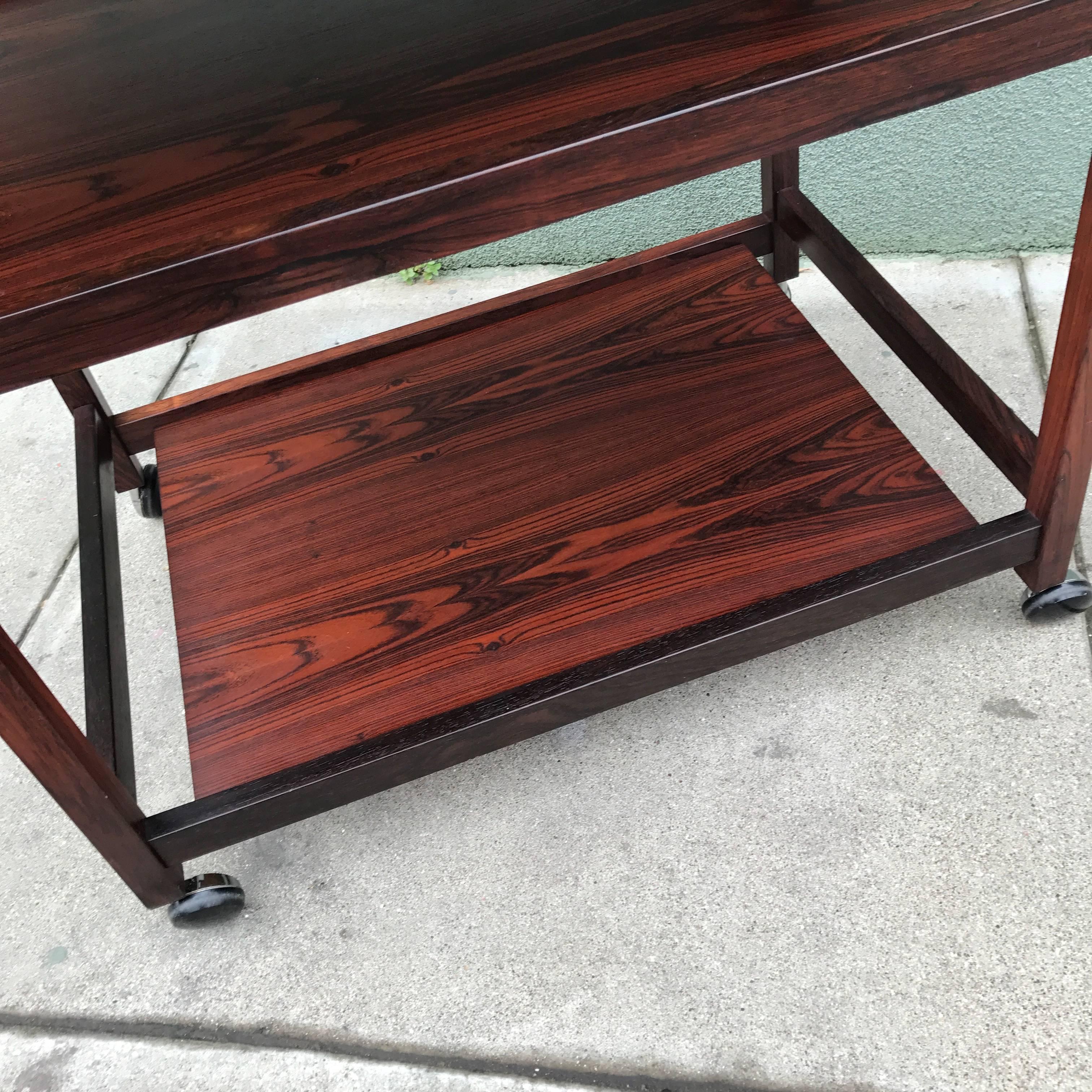 Danish Rosewood Serving or Bar Cart with Removable Tray Top 2