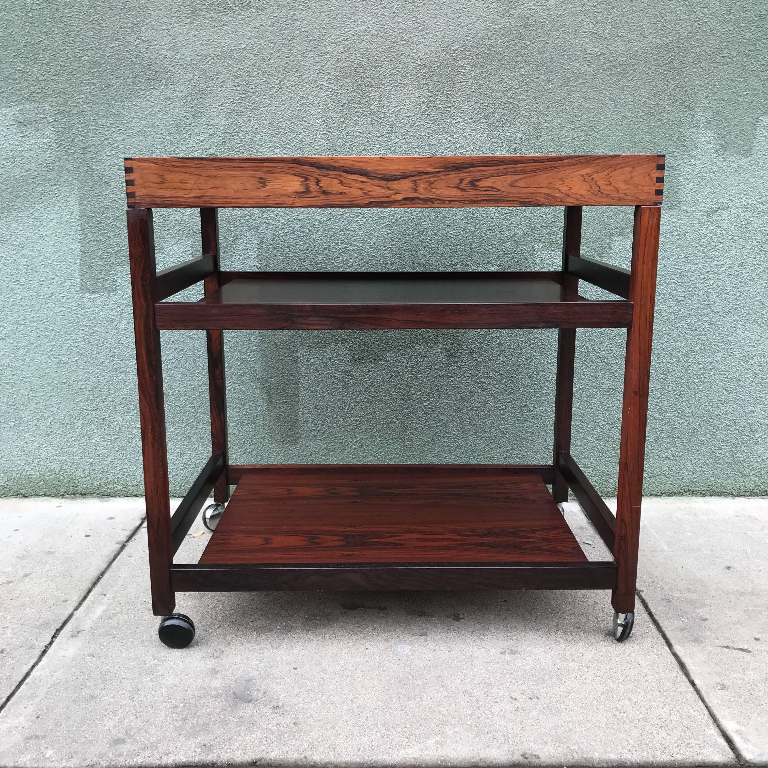 Mid-20th Century Danish Rosewood Serving or Bar Cart with Removable Tray Top