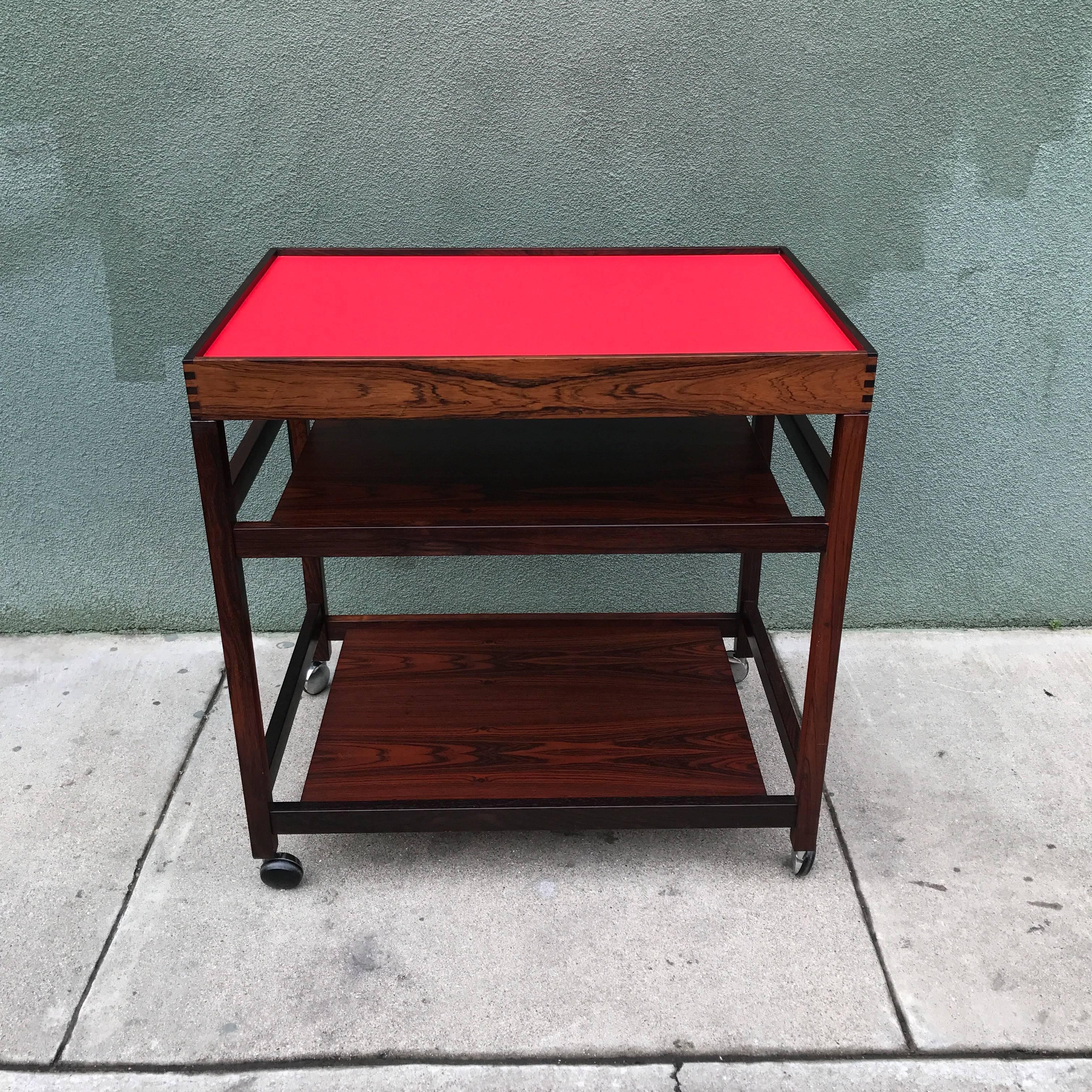 Scandinavian Modern Danish Rosewood Serving or Bar Cart with Removable Tray Top