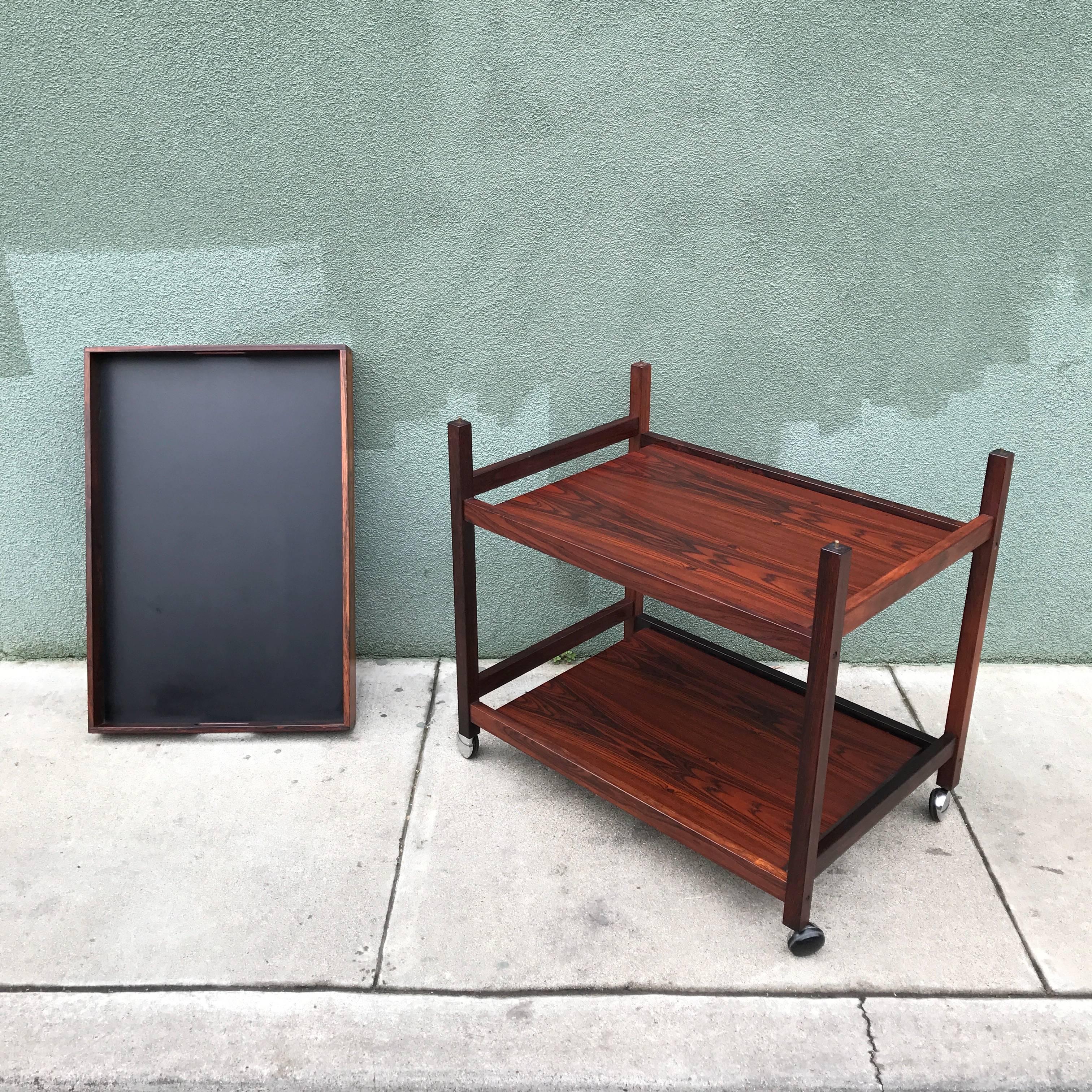 Lacquered Danish Rosewood Serving or Bar Cart with Removable Tray Top