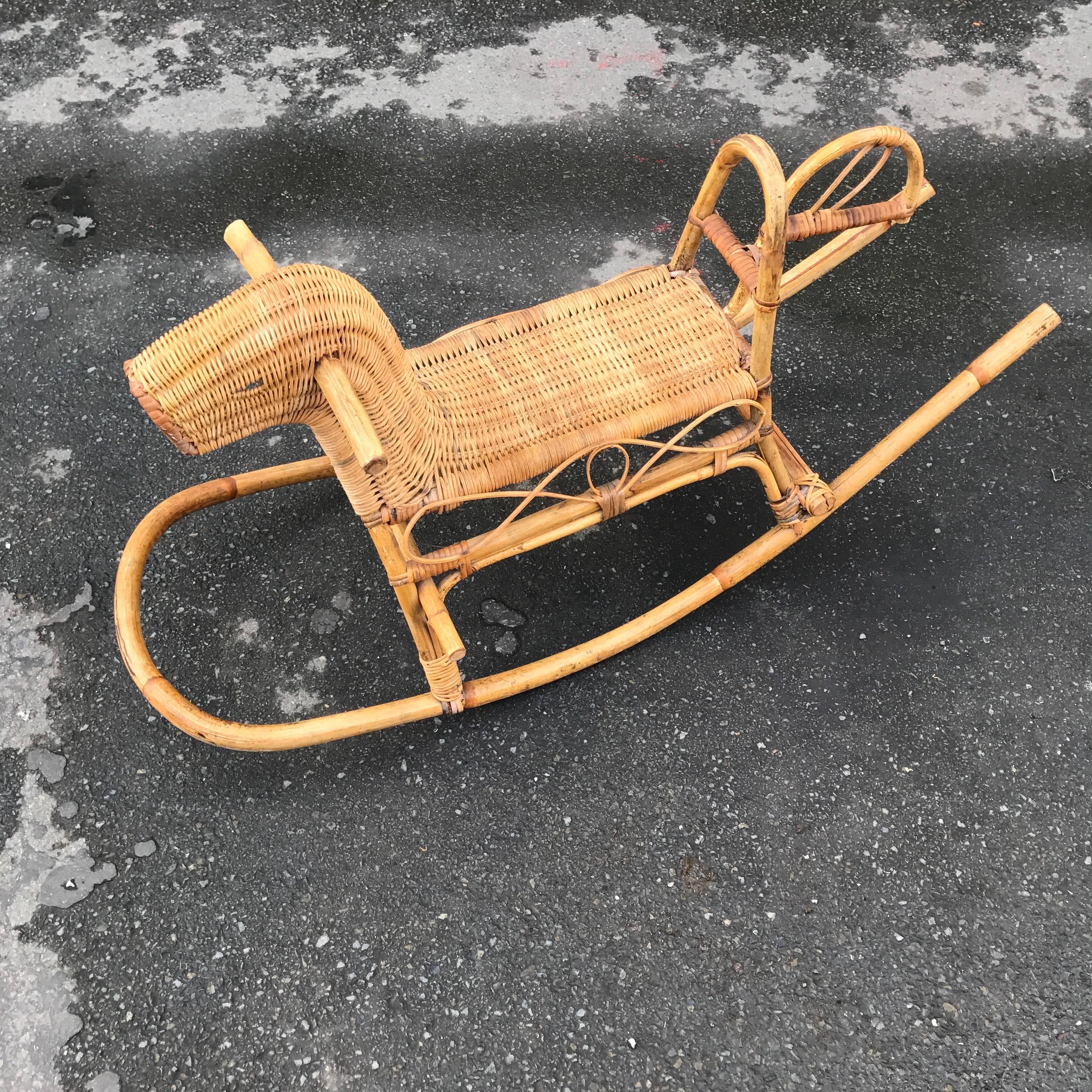Mid-20th Century Rattan Child's Rocking Horse For Sale