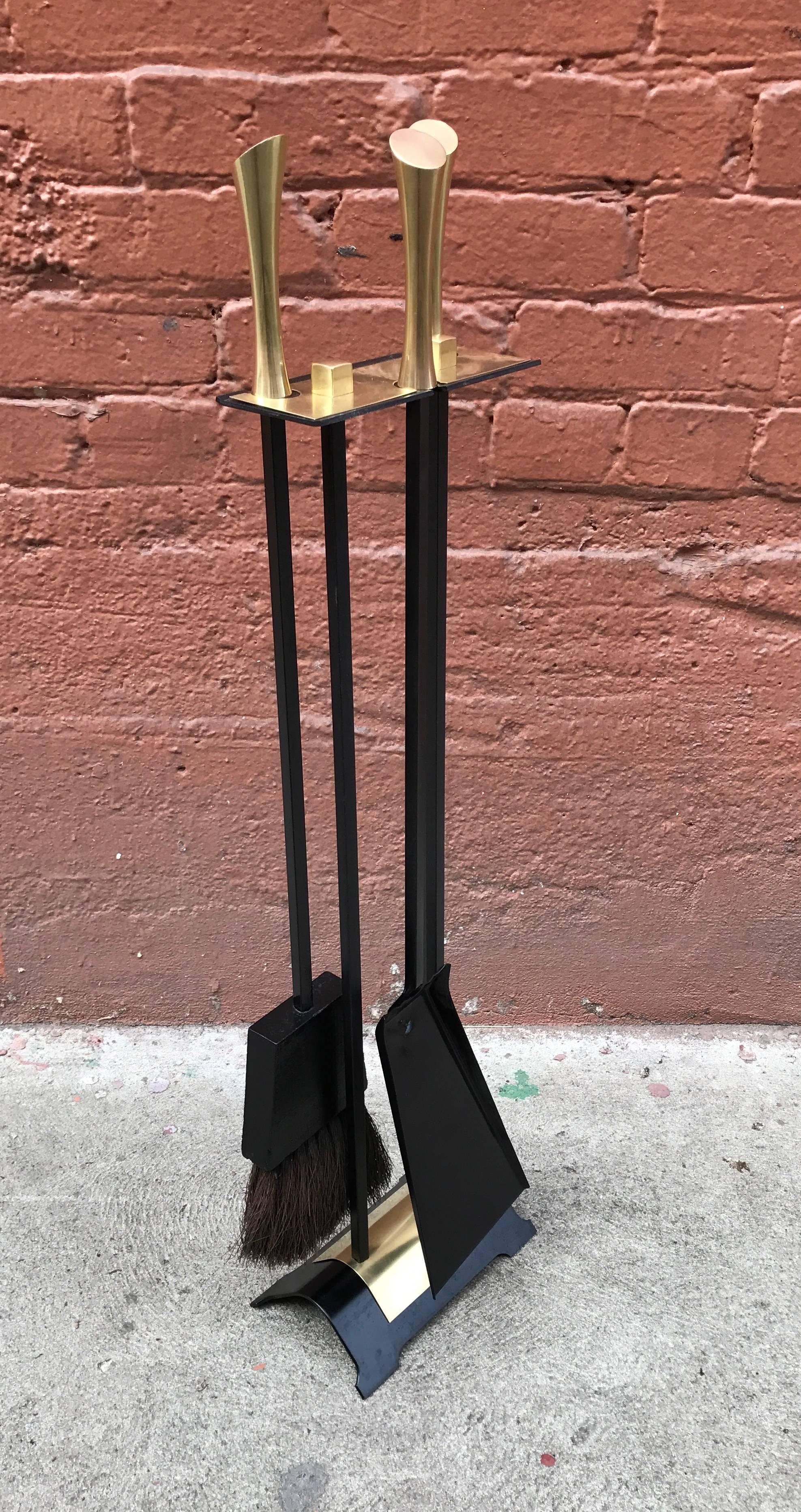 1950s Iron Modernist Fireplace Tools with Brass Accents 1