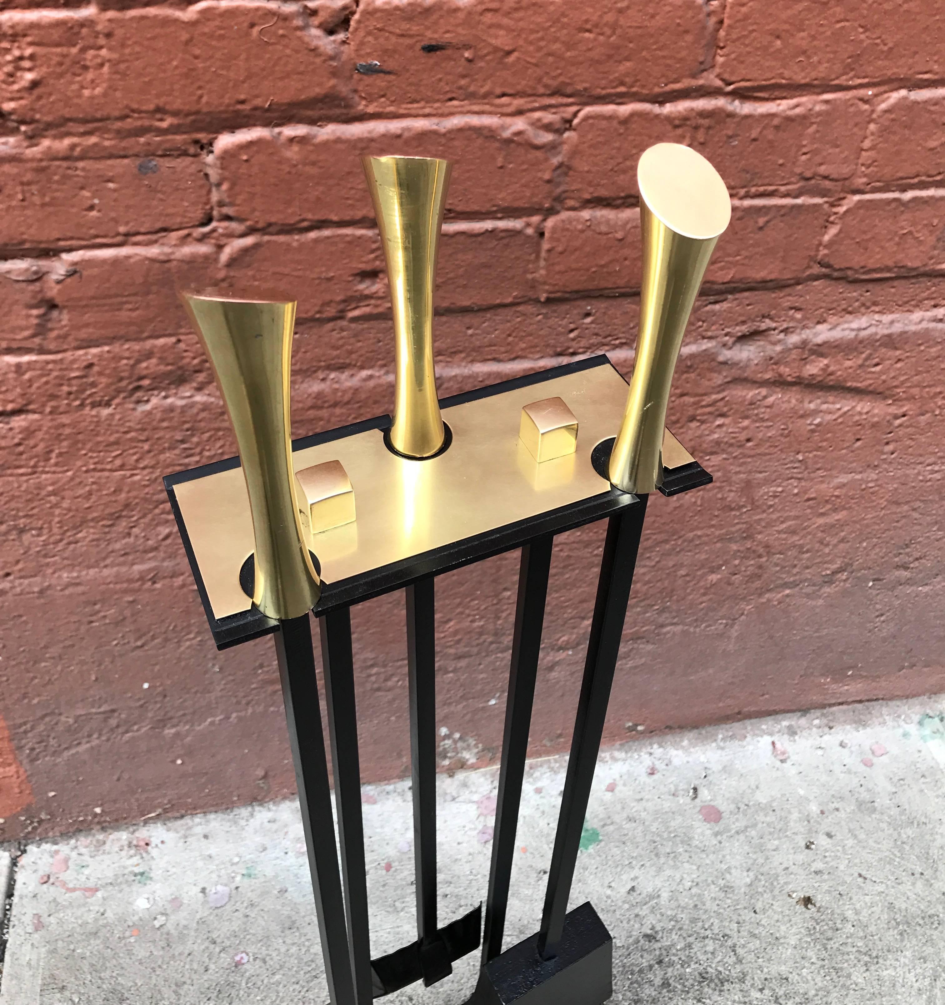 Painted 1950s Iron Modernist Fireplace Tools with Brass Accents