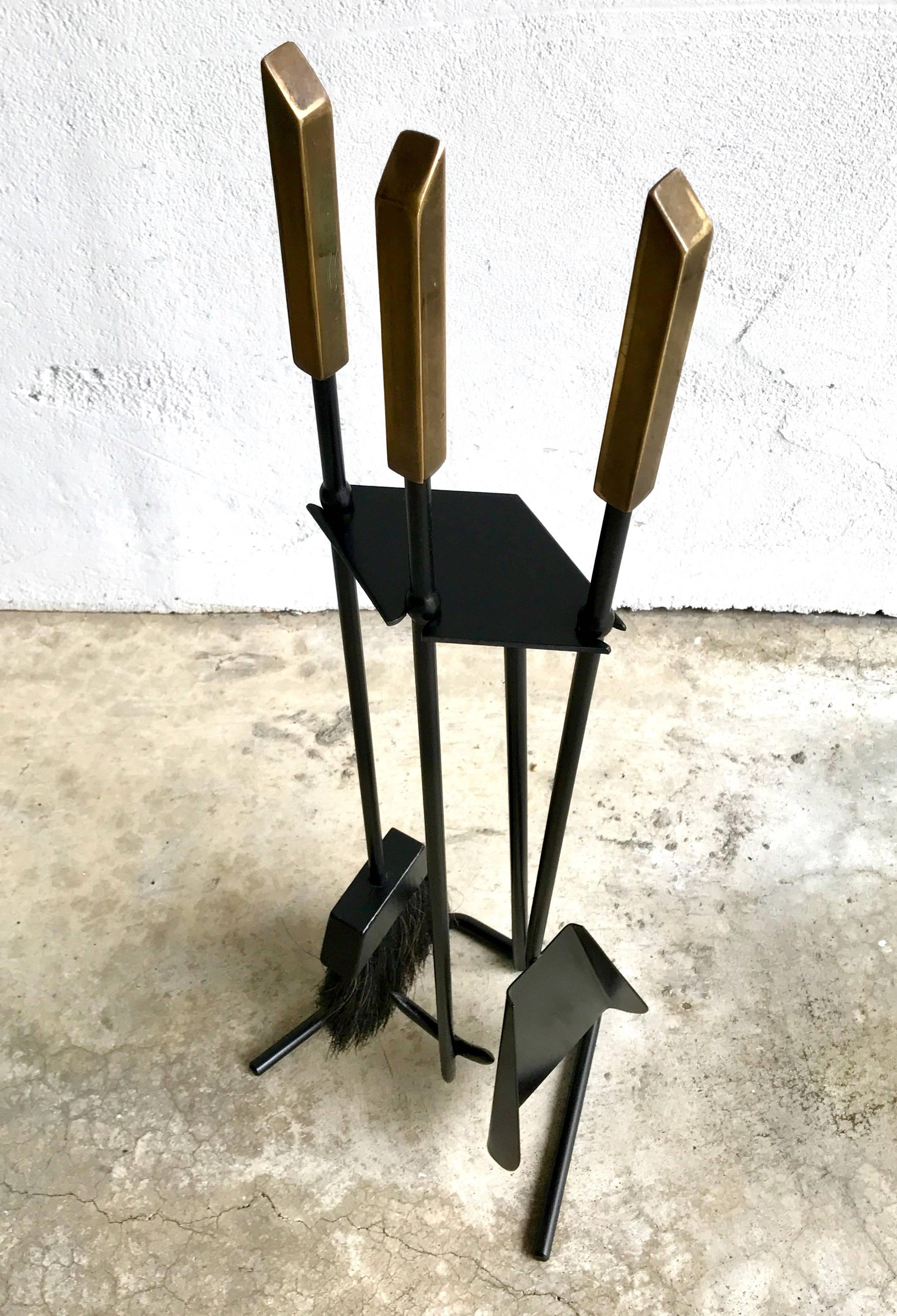 1950s Modern Brass Handled Fireplace Tools 1