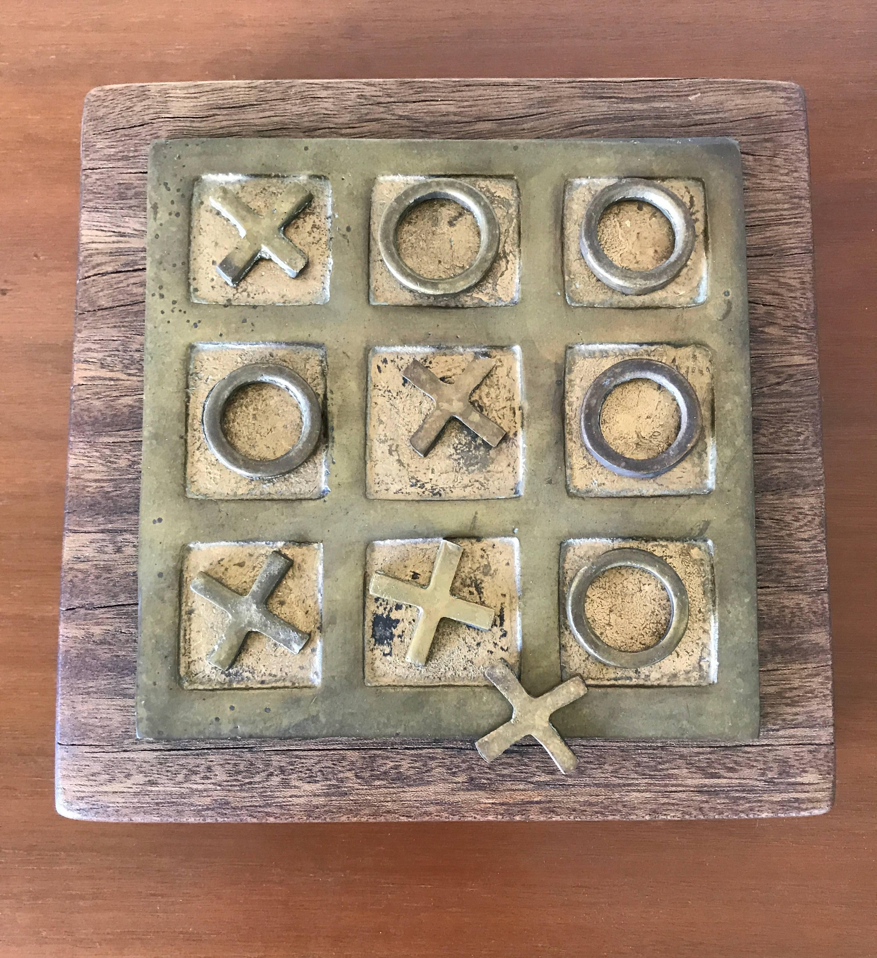 Mid-20th Century Handmade Brass and Wood Tic Tac Toe Game