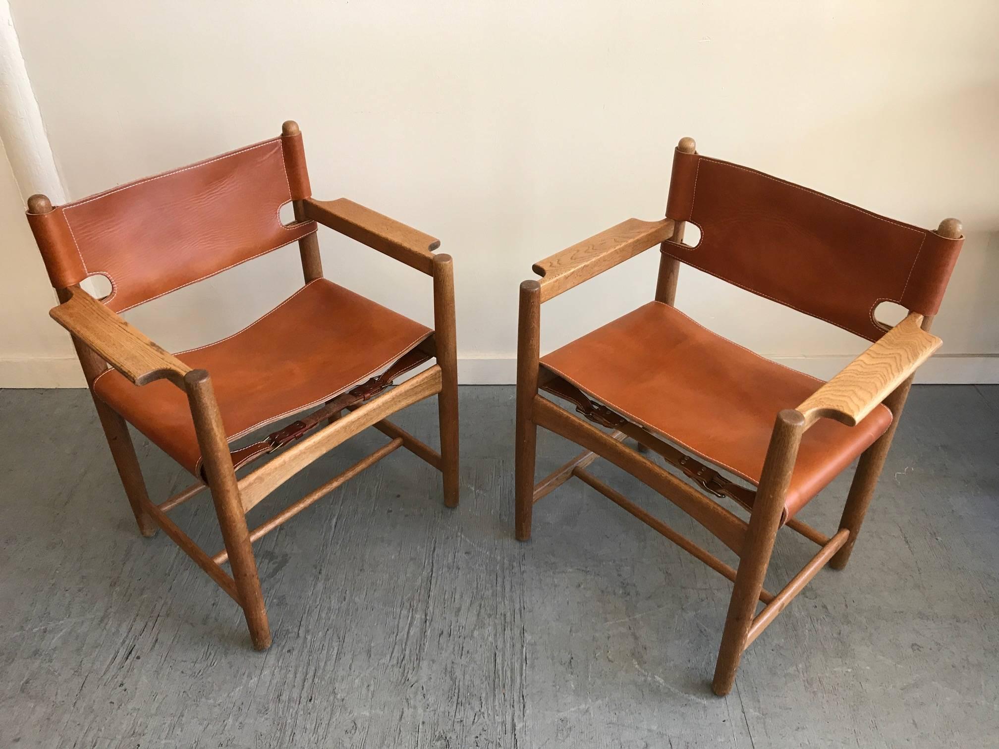 Scandinavian Modern Børge Mogensen Leather Safari Chairs, Denmark, 1960s