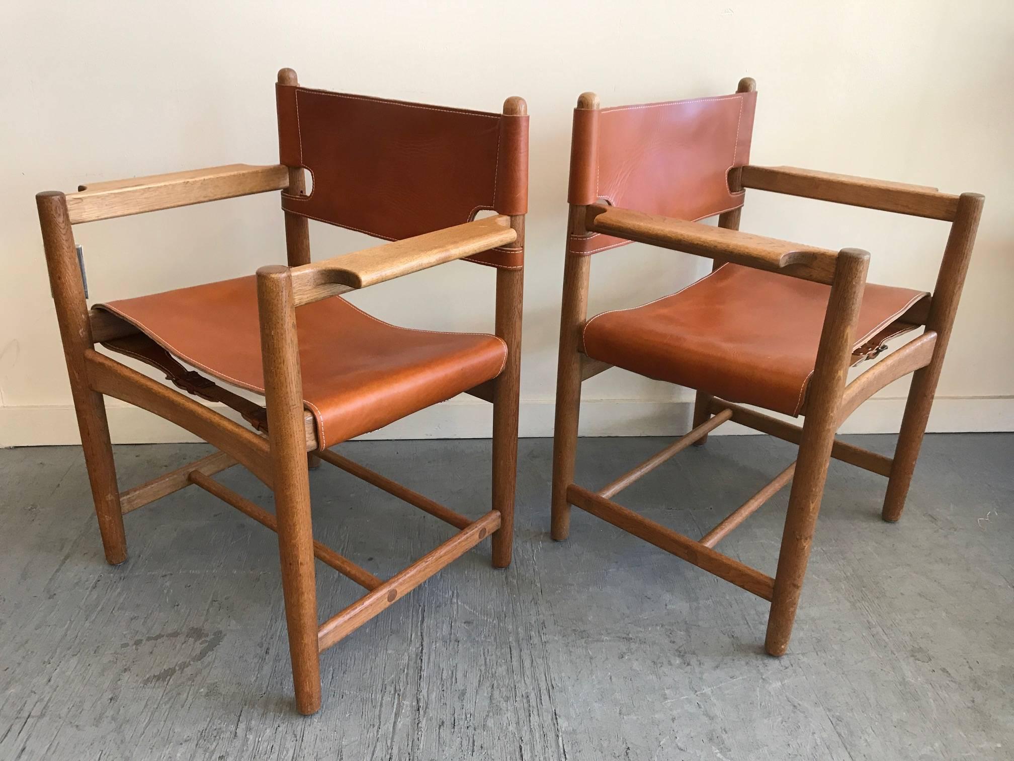Brass Børge Mogensen Leather Safari Chairs, Denmark, 1960s