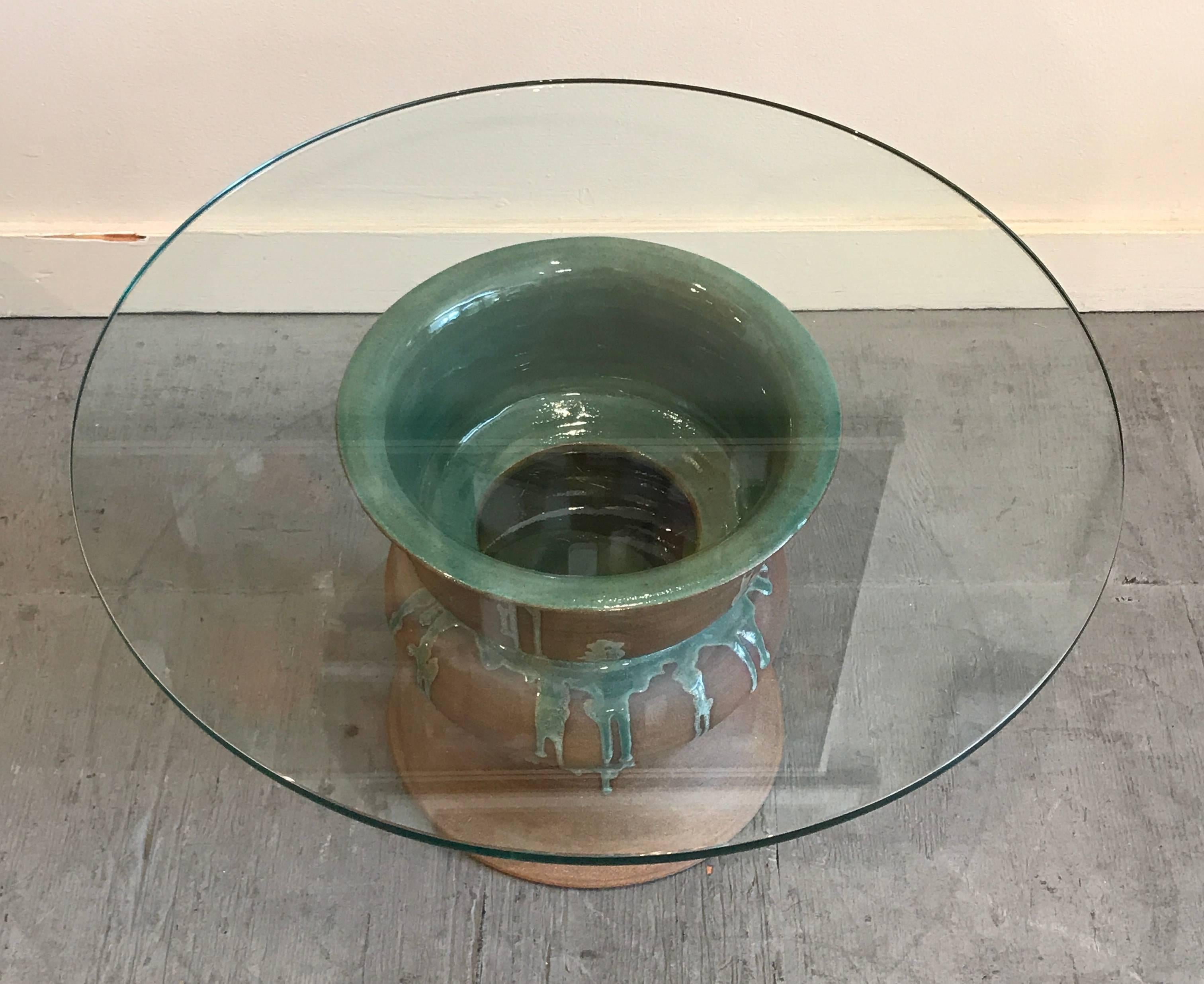 Glazed 1970s Studio Ceramic and Glass Side Table For Sale