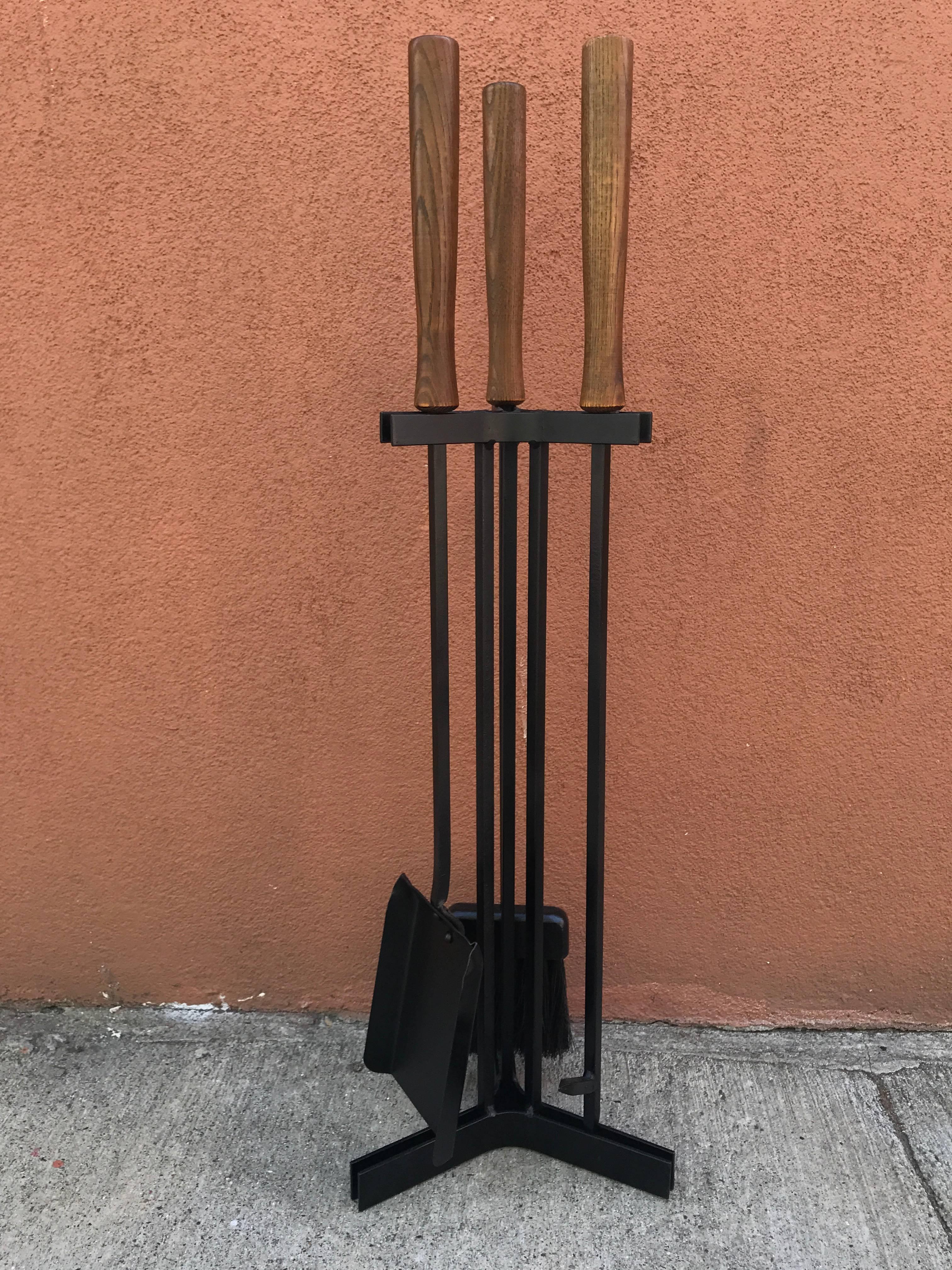 American Modern Iron and Wood Fireplace Tools For Sale 4