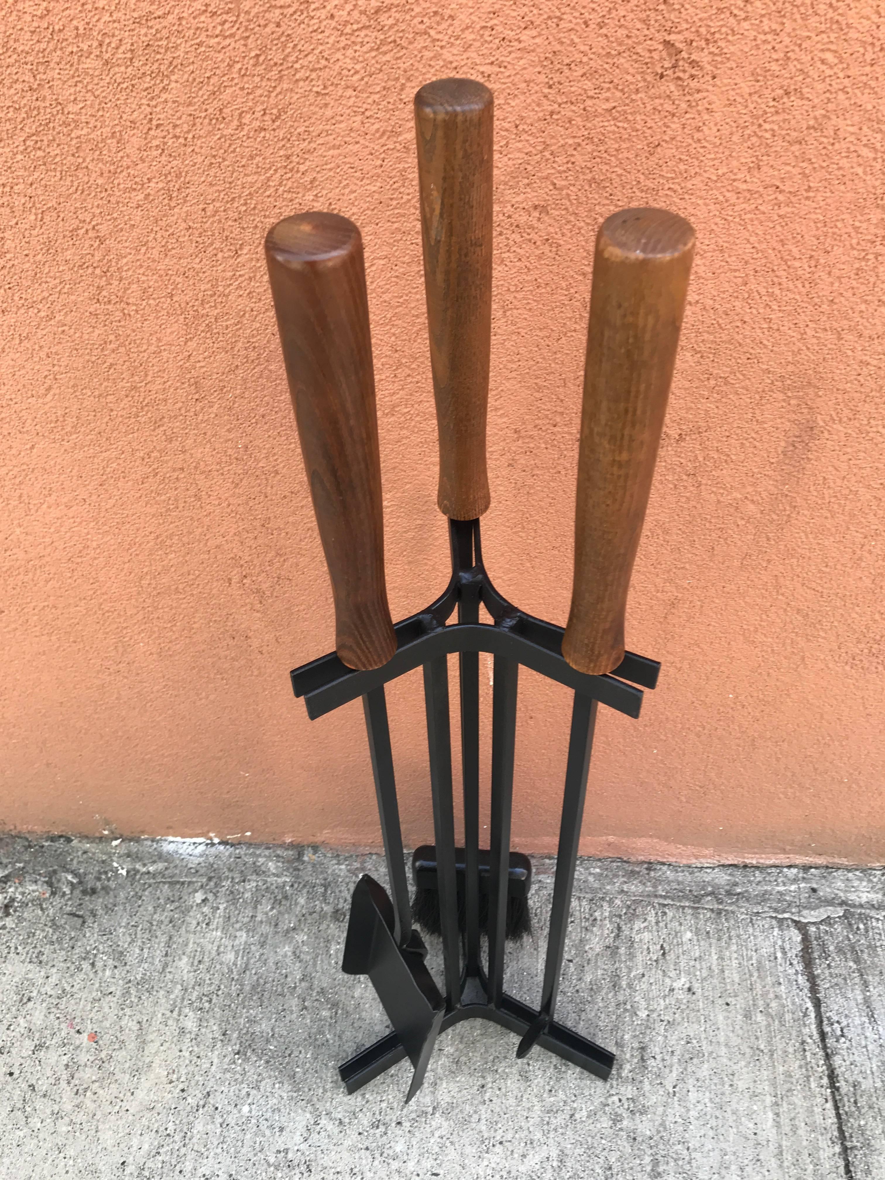 Mid-20th Century American Modern Iron and Wood Fireplace Tools For Sale