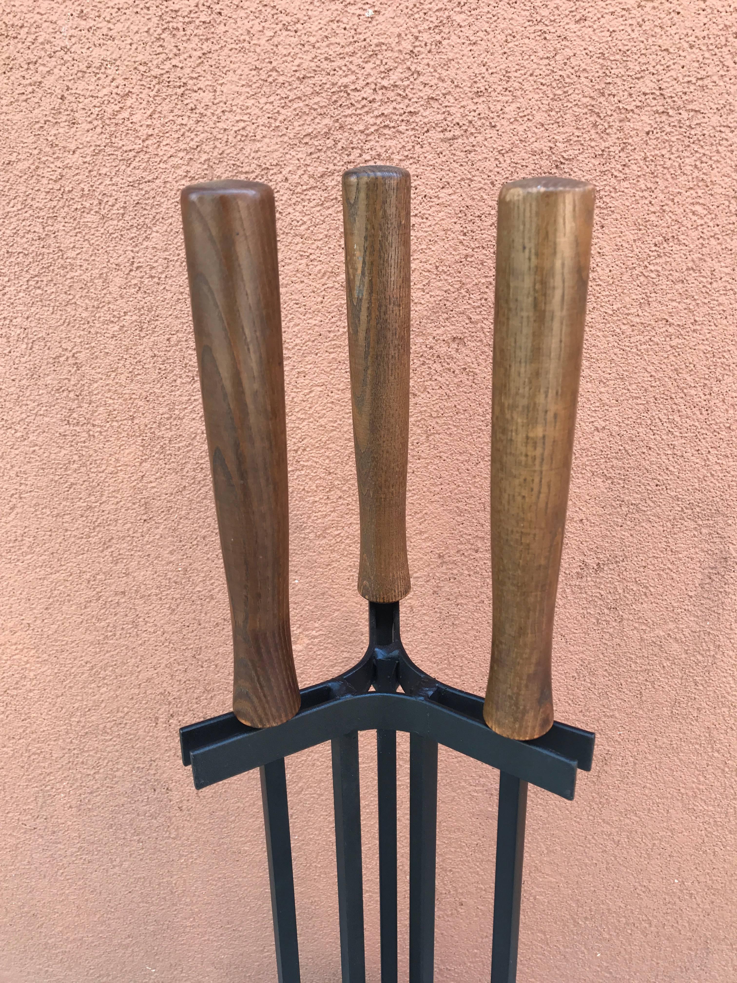 American Modern Iron and Wood Fireplace Tools For Sale 1