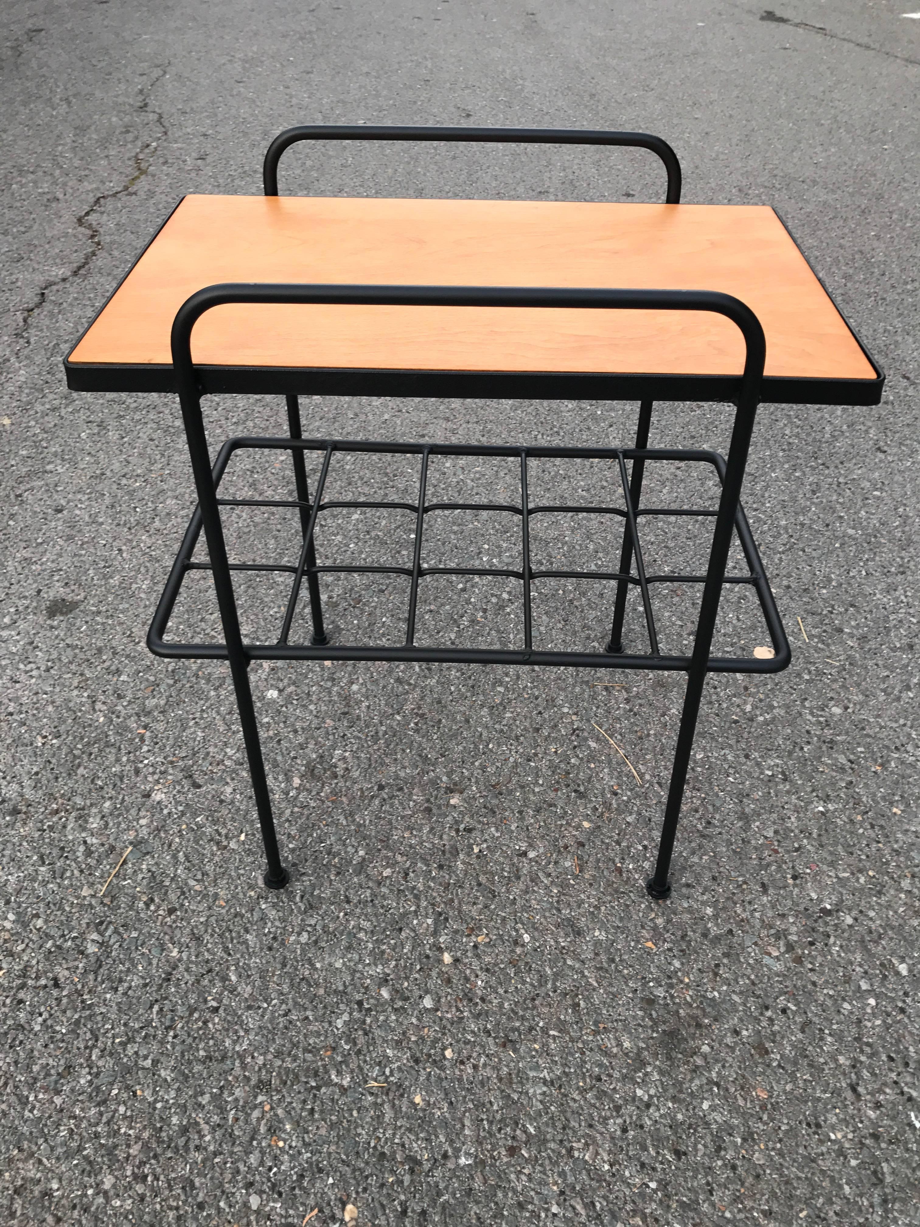 1950s Inco side table in iron and birch with a open wire bottom shelf, fully restored.