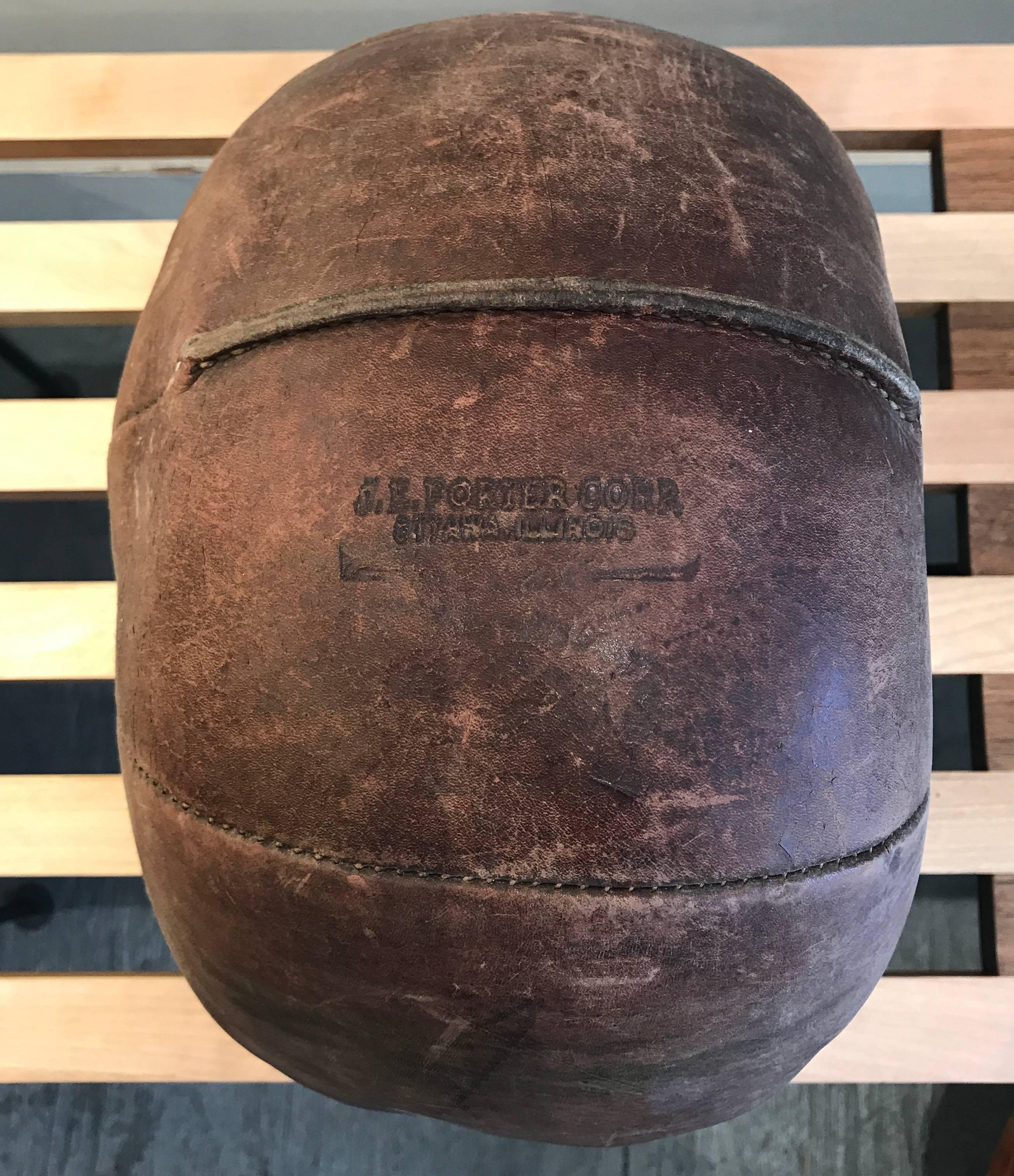 Patinated Vintage Leather Medicine Ball J. E. Porter Corp, 1950s For Sale
