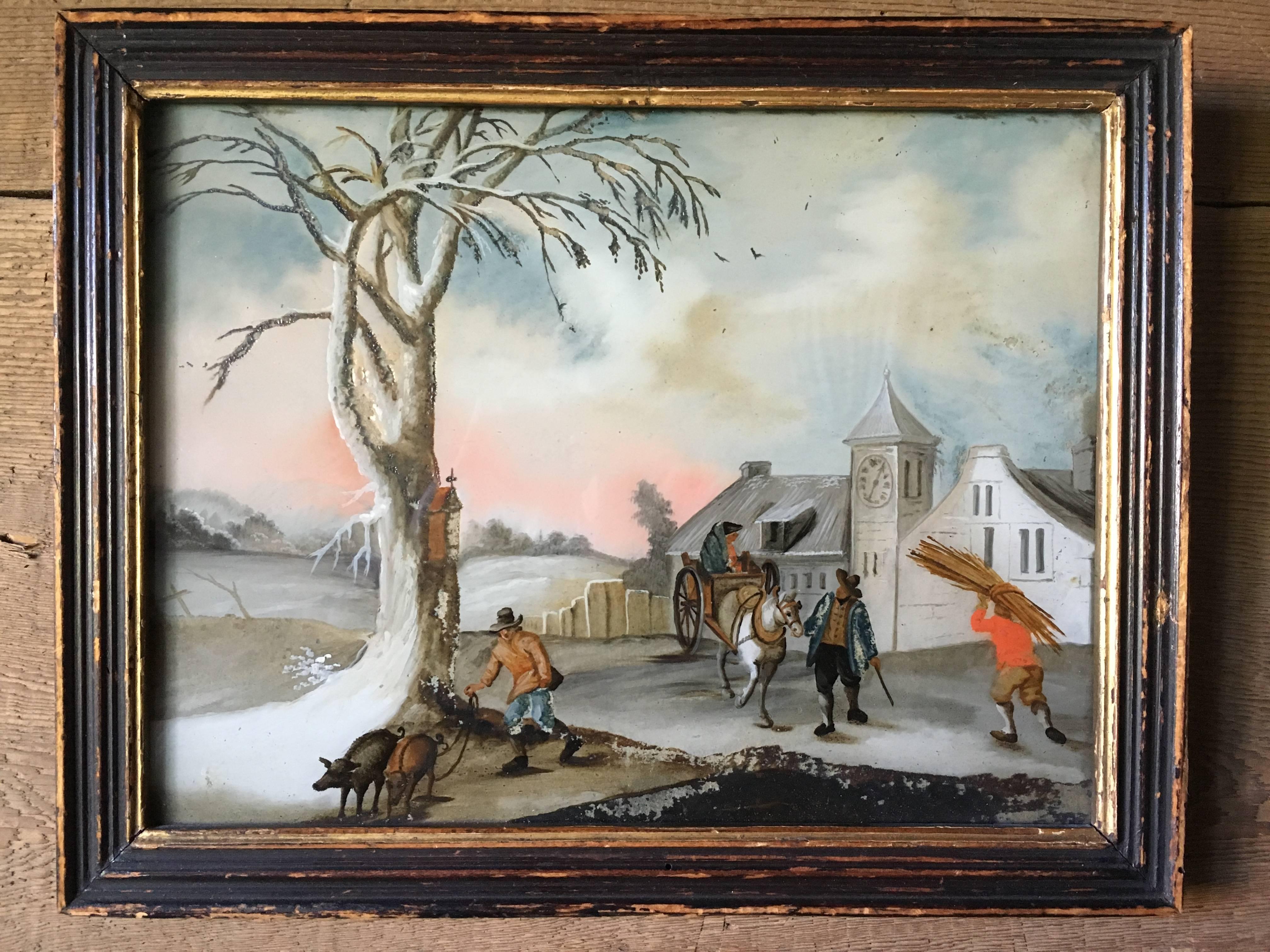 Small Églomisé Genre Painting, Early 19th Century In Good Condition In Doylestown, PA