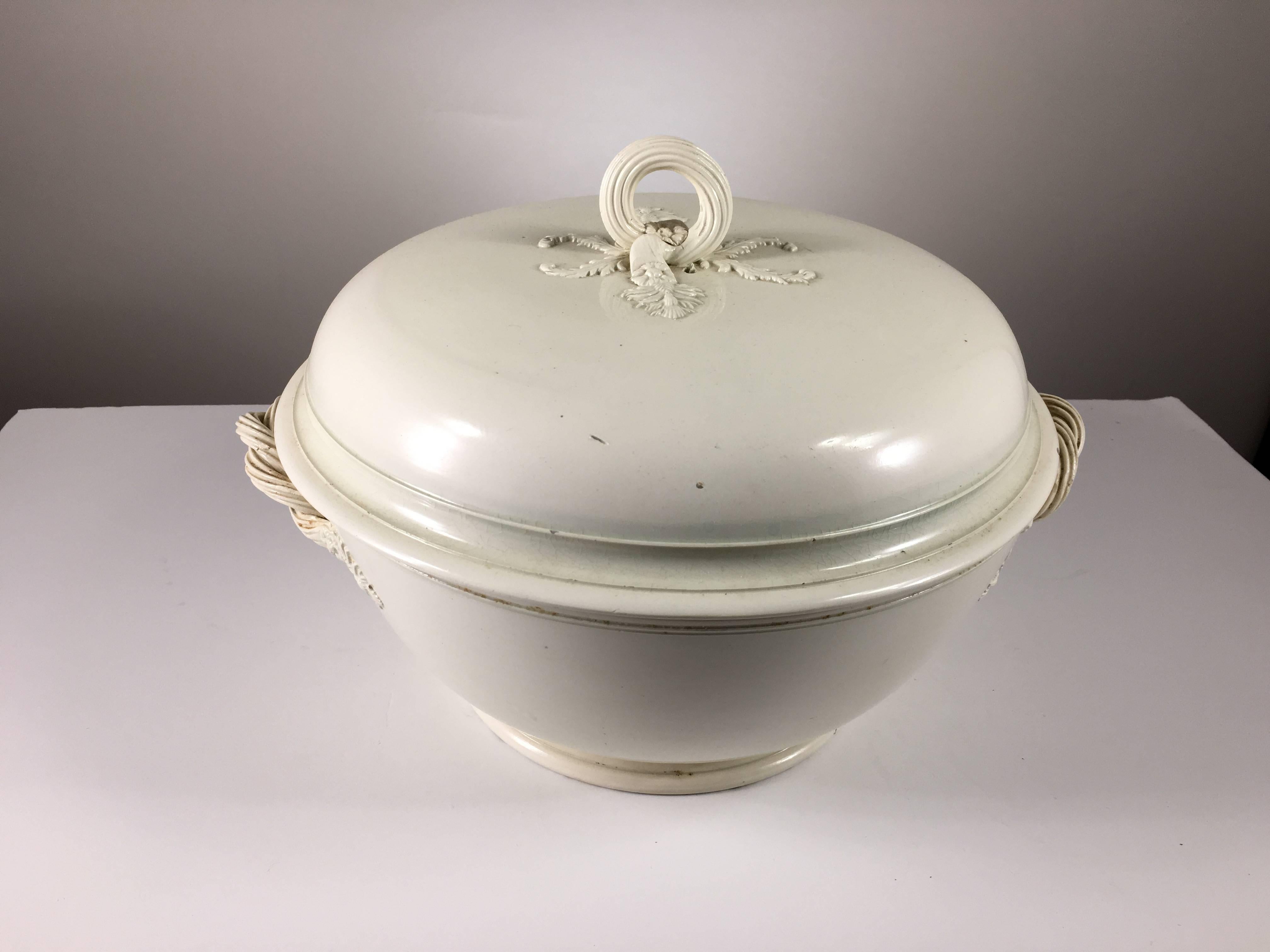 A lovely cream-ware tureen with lid with finely molded "rope" handles, large size, probably early Wedgewood or Leeds.