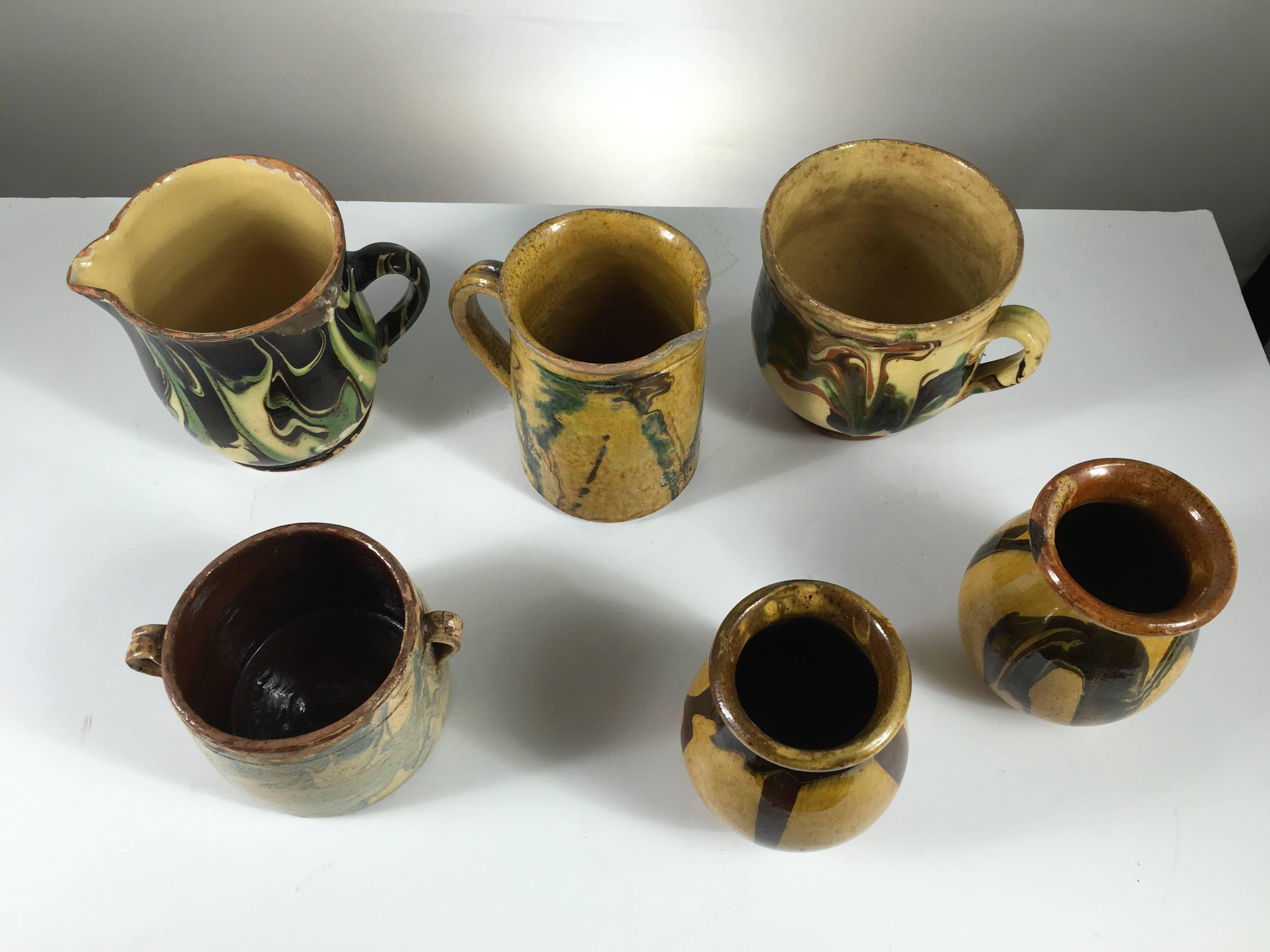 Pottery Collection of six French Provincial Jaspe Pots and Pitchers, 19th century