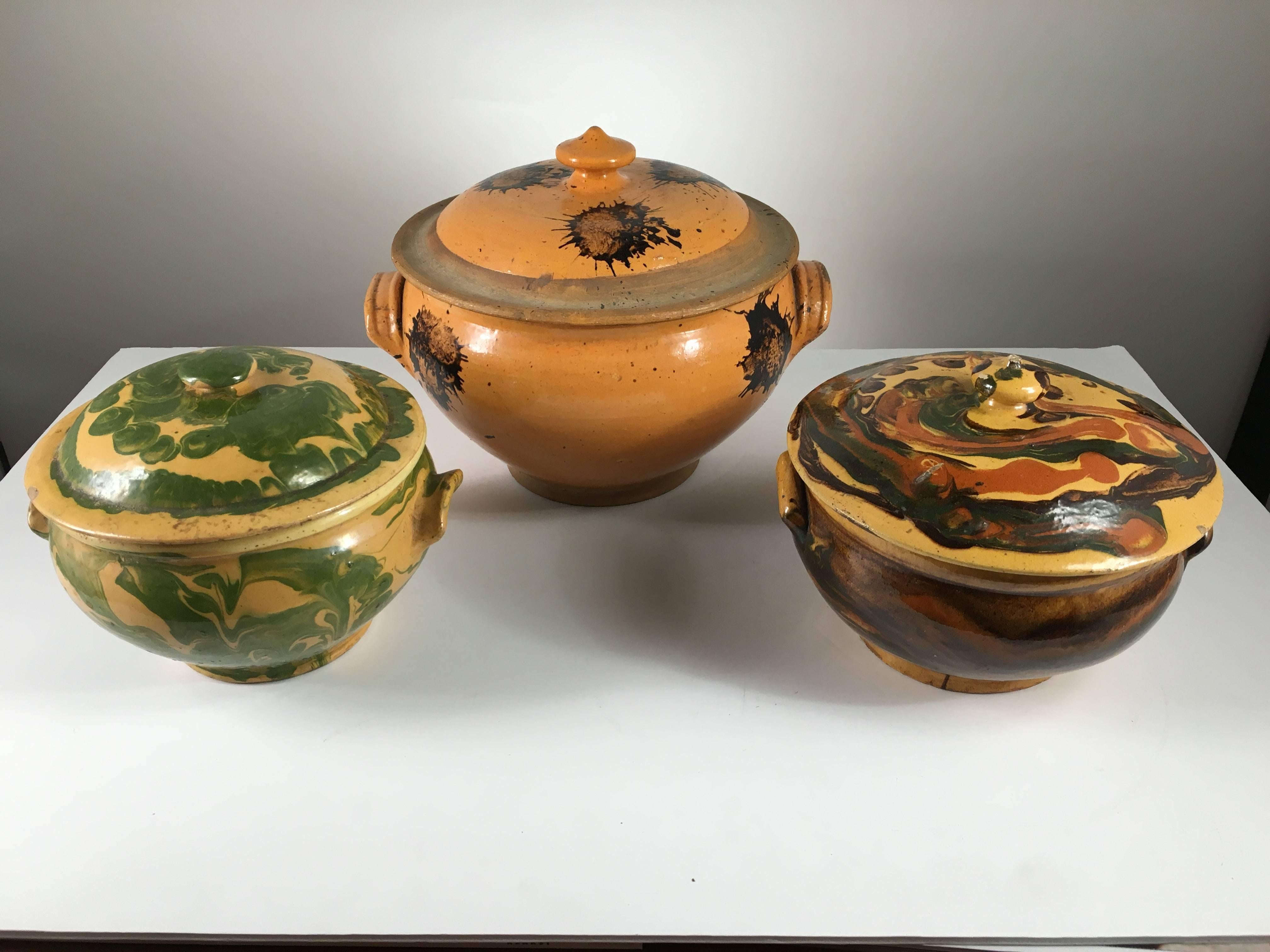 A nice collection of three French Provincial Jaspe tureens with lids from the Savoire region, late 19th century, from the collection of Pierre Moulin, author of French Country style books and founder of the Pierre Deux shops.