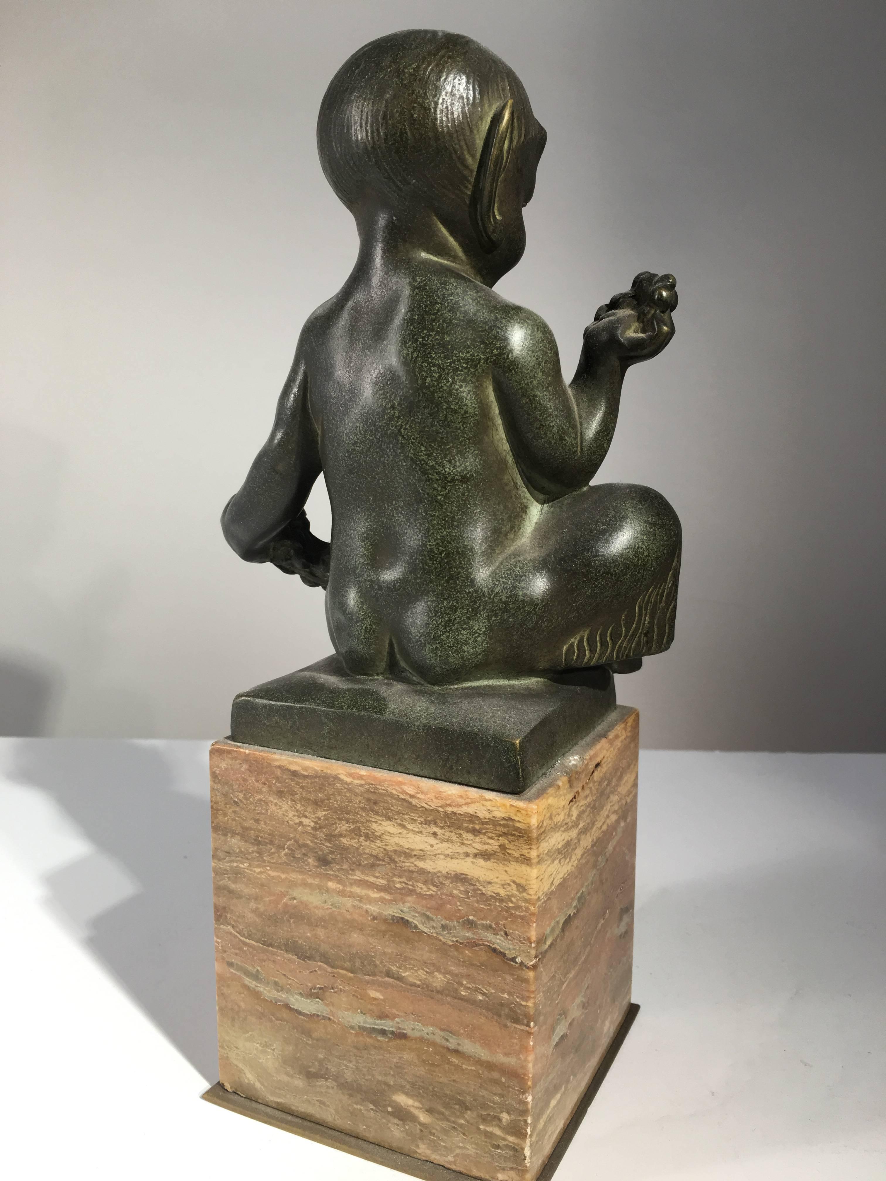 Seated Faun Bronze, Marcel-Andre Bouraine, circa 1930 In Excellent Condition For Sale In Doylestown, PA