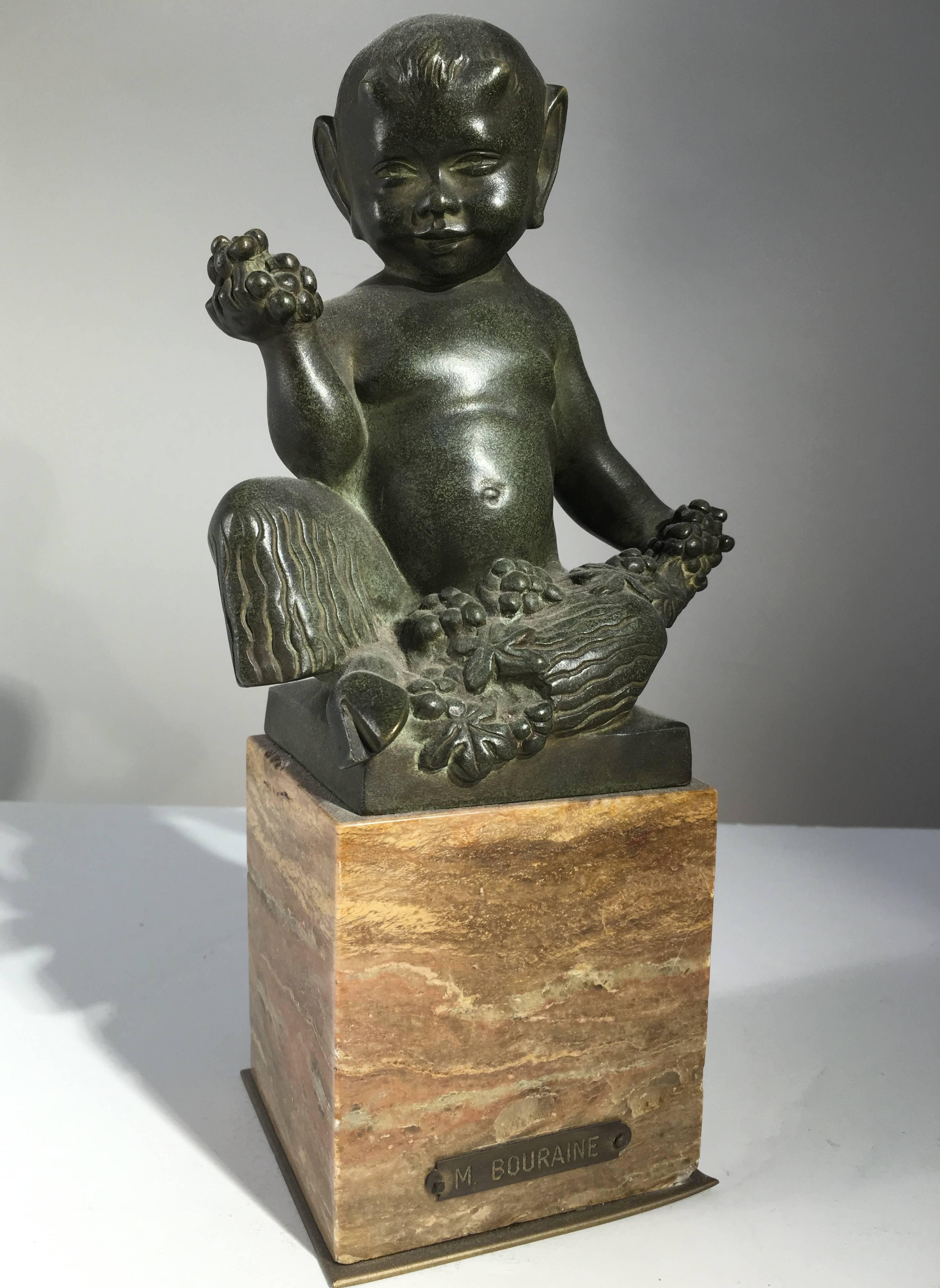Cast Seated Faun Bronze, Marcel-Andre Bouraine, circa 1930 For Sale